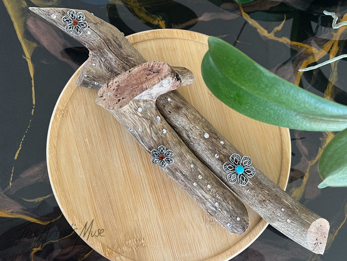 Natural timber Incense Holder with flowers and diamantés