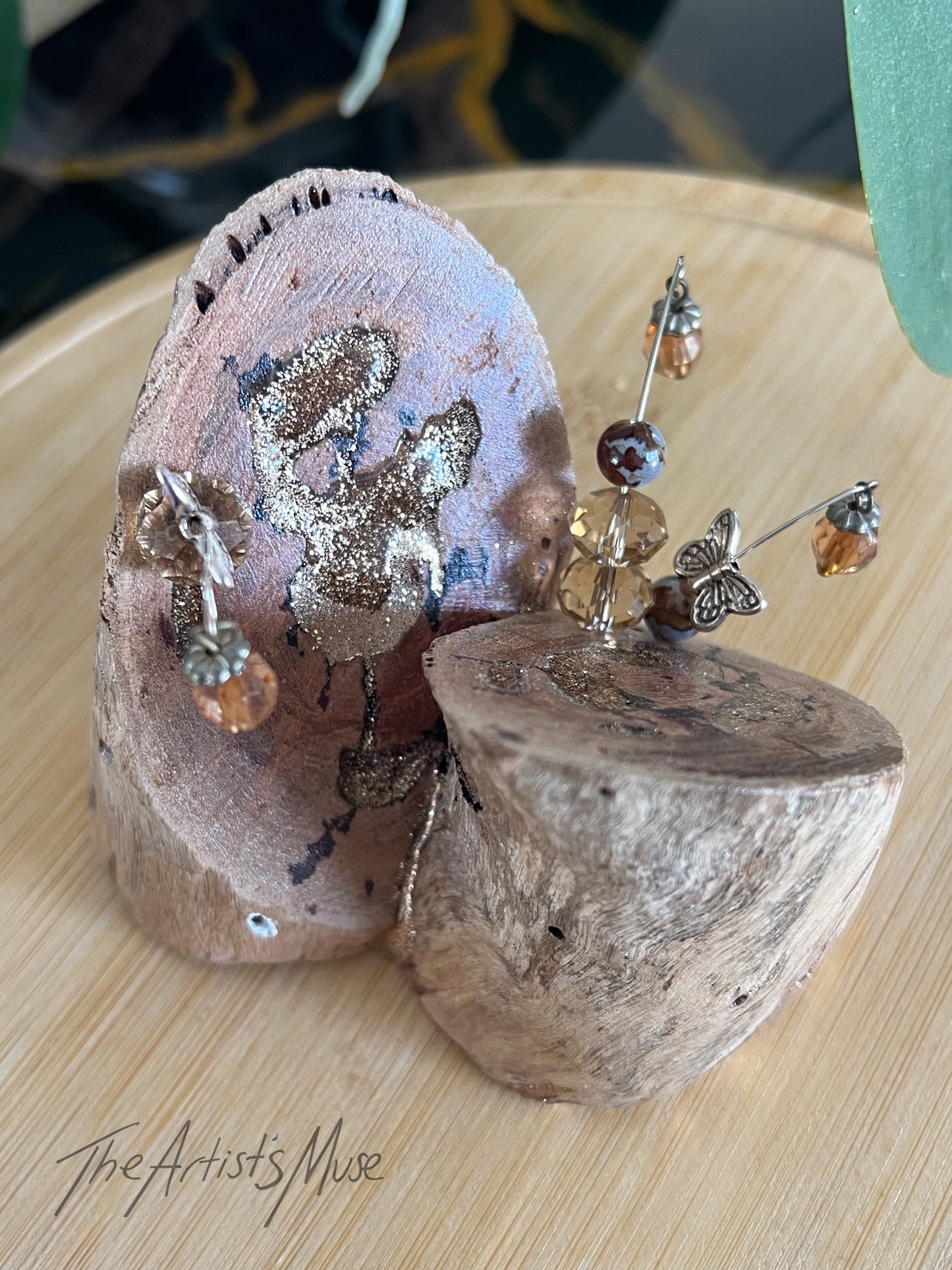 Timber Incense Holder with gold resin and hanging charms