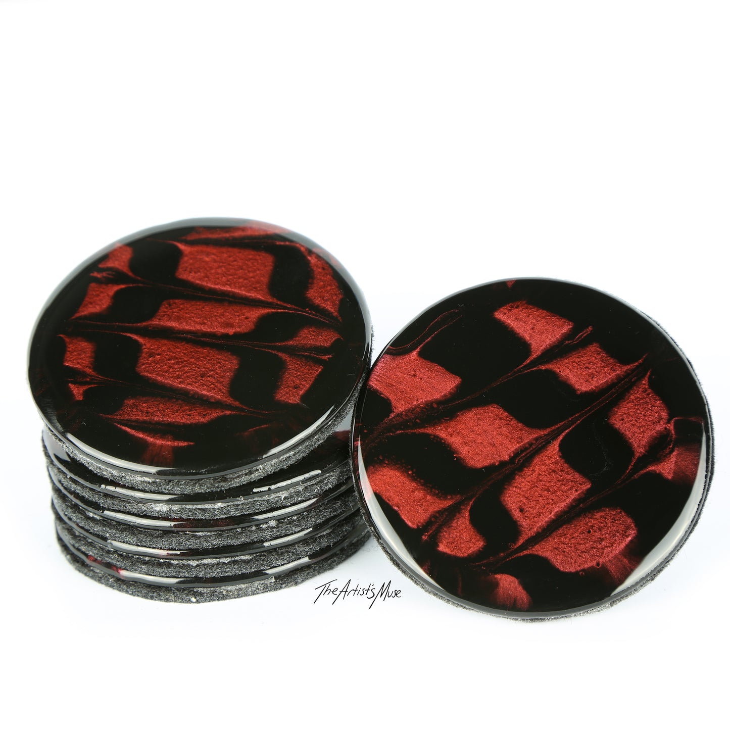 Resin Coaster set of 6- Black/burnt copper red metallic