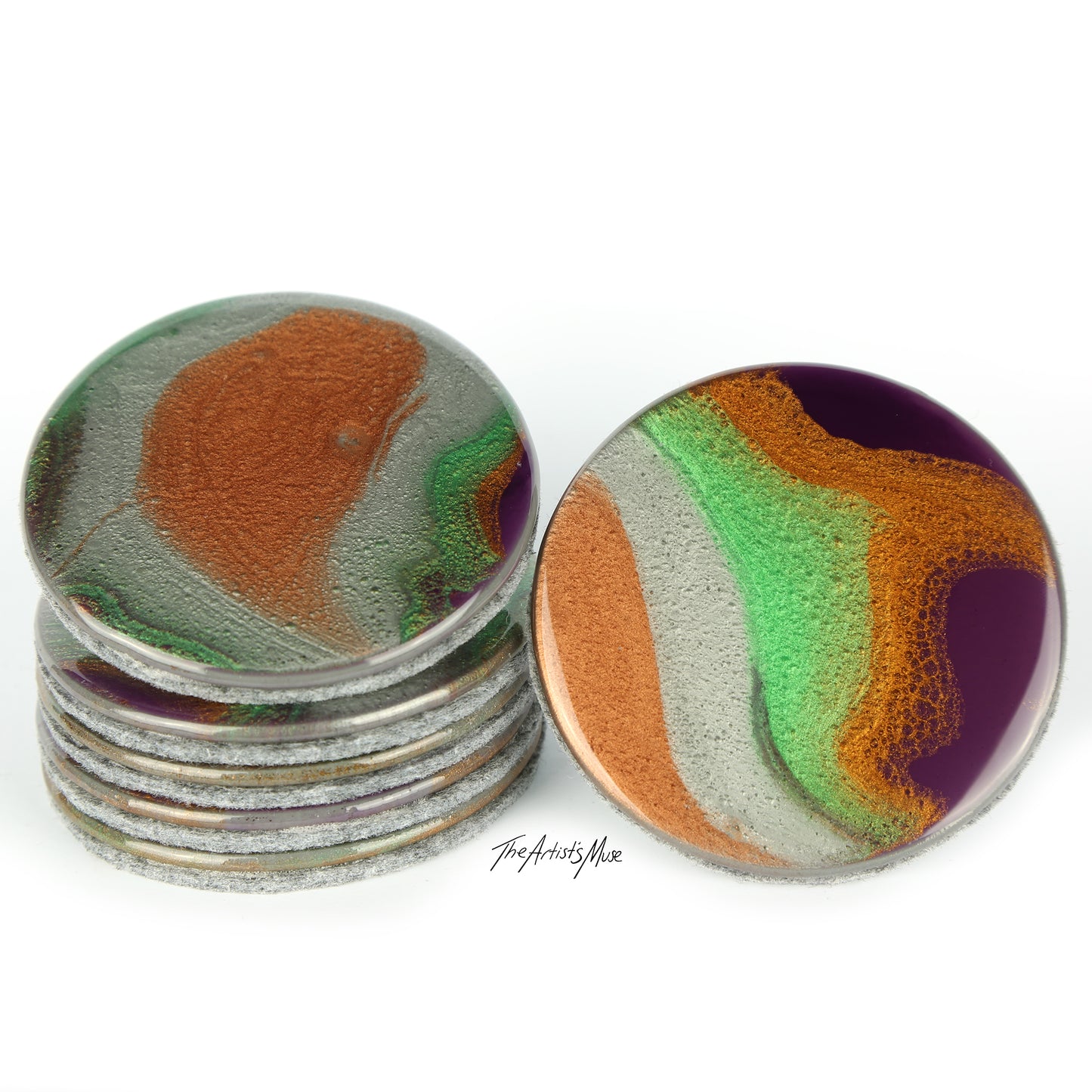 Resin Coaster set of 6- Purple/Green/Silver/Bronze