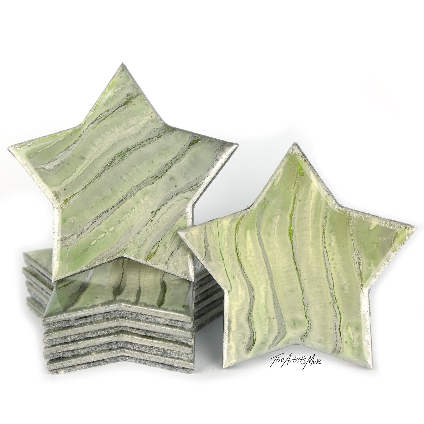 Resin Coaster set of 6 Stars- Green/Silver