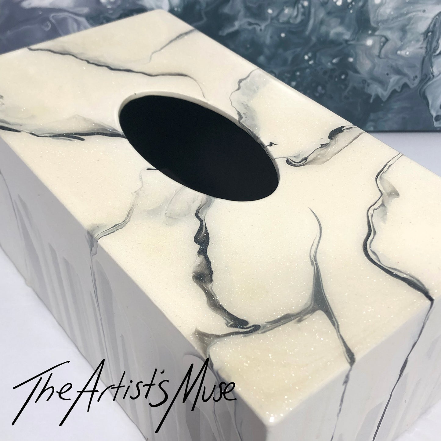 Tissue Box Cover- Warm white pearl with black marble (SOLD)