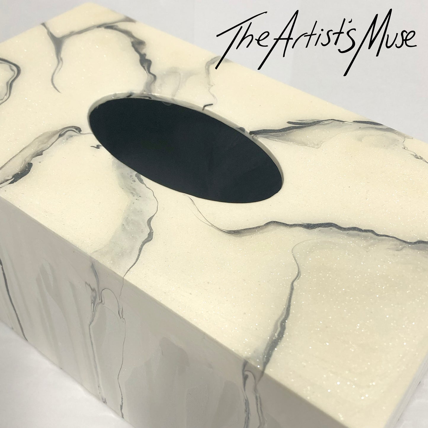 Tissue Box Cover- Warm white pearl with black marble- SOLD