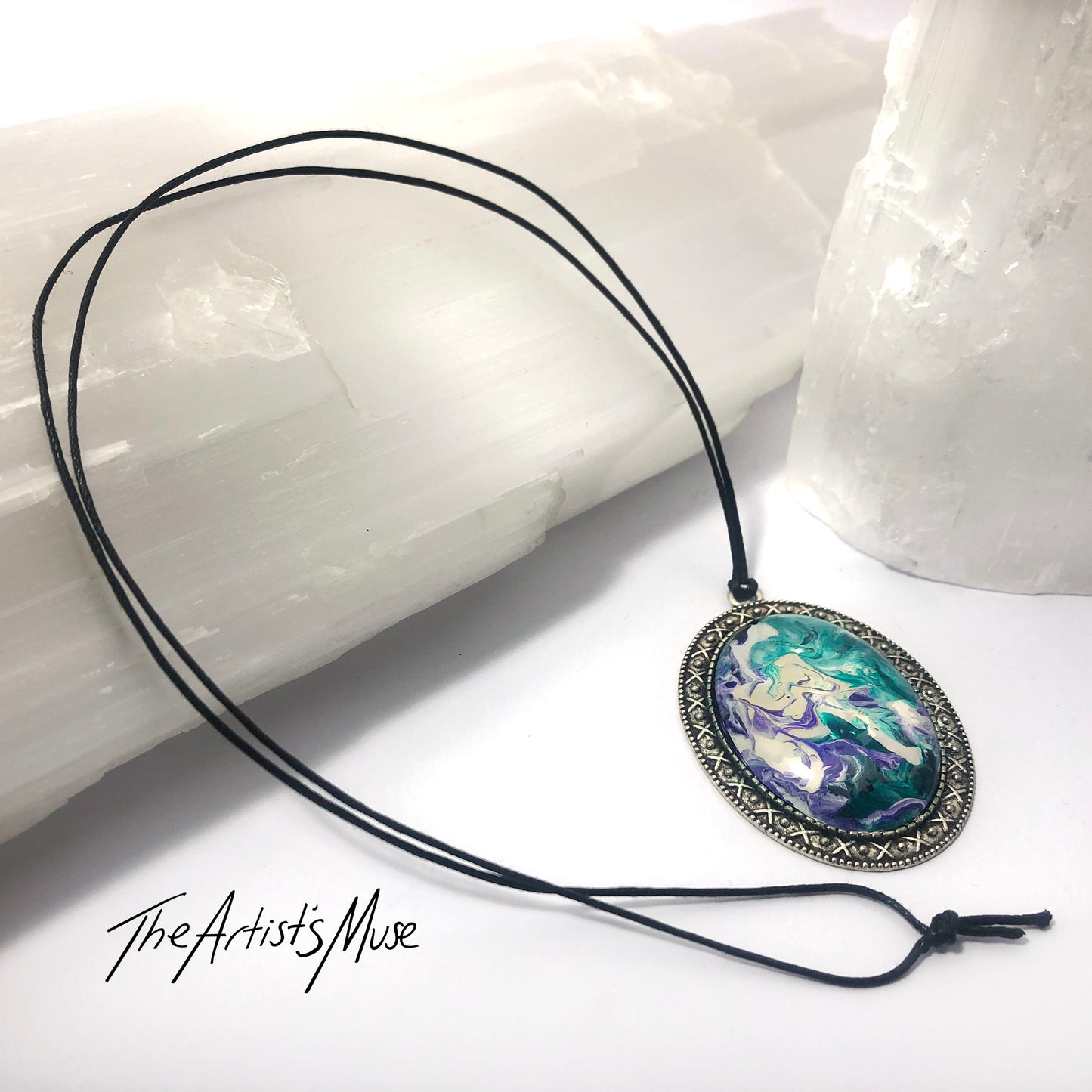 Pendant Necklace- Turquoise, purple and white design with glass dome finish