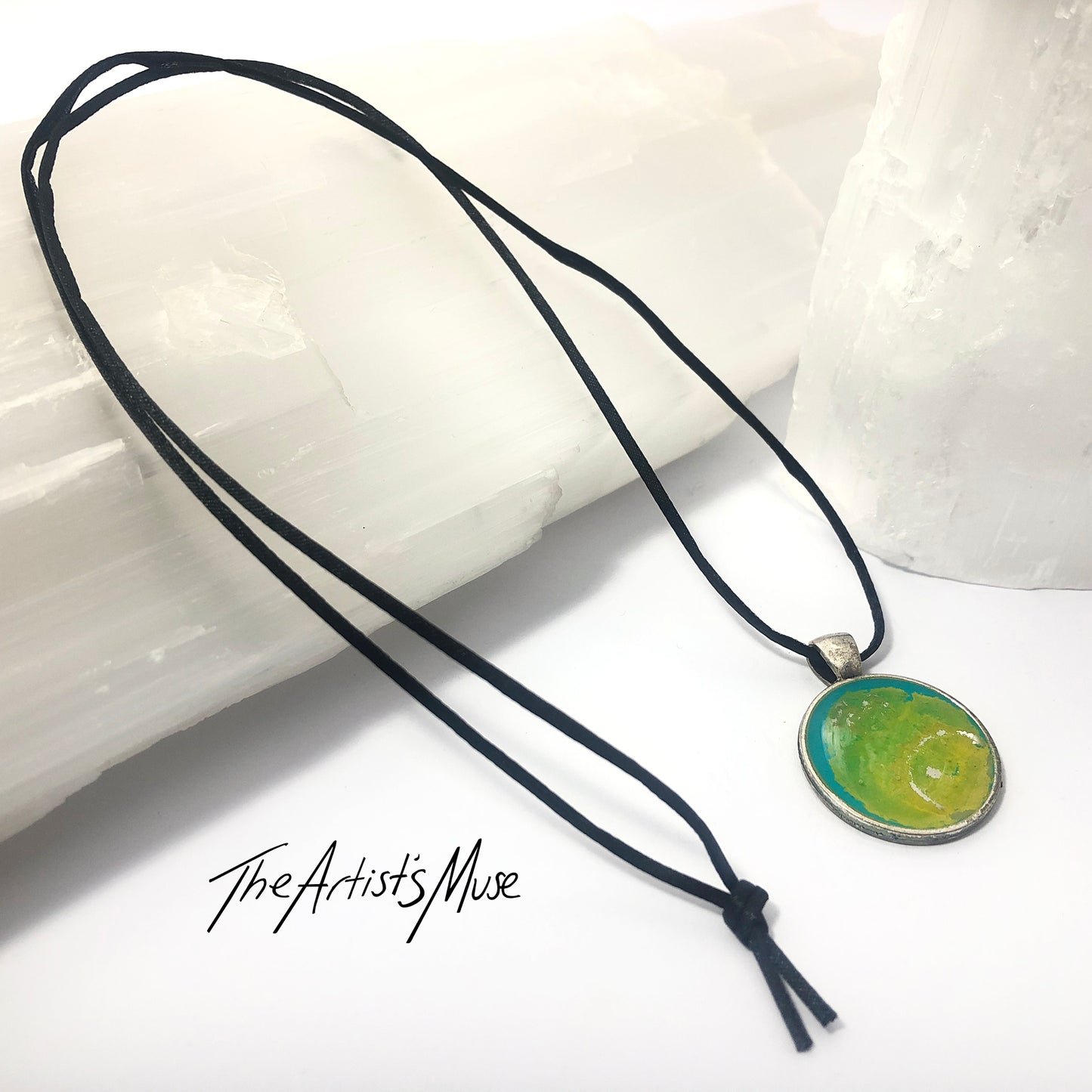 Resin Pendant Necklace- Aqua and yellow resin design