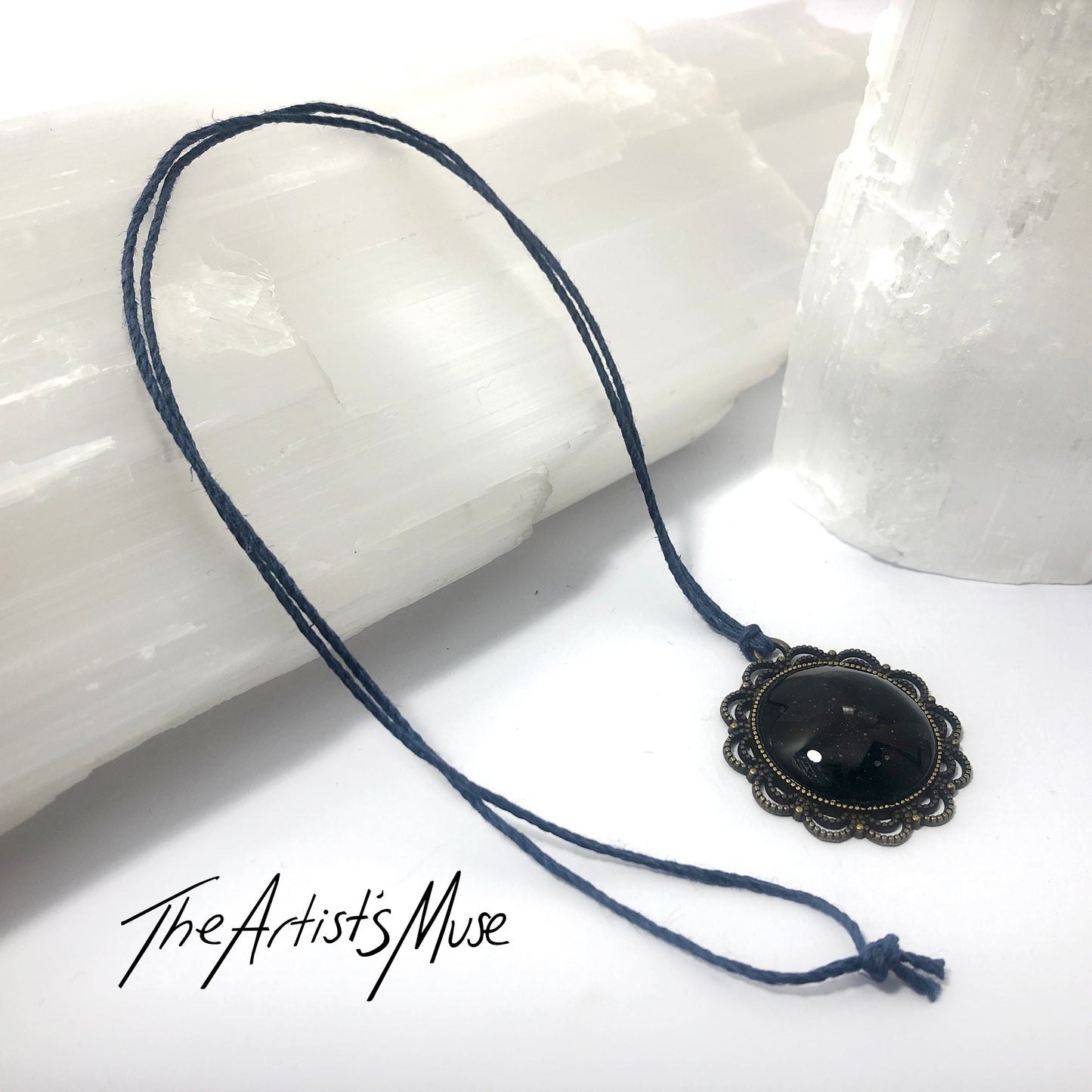 Pendant Necklace- Black glitter resin with glass dome finish