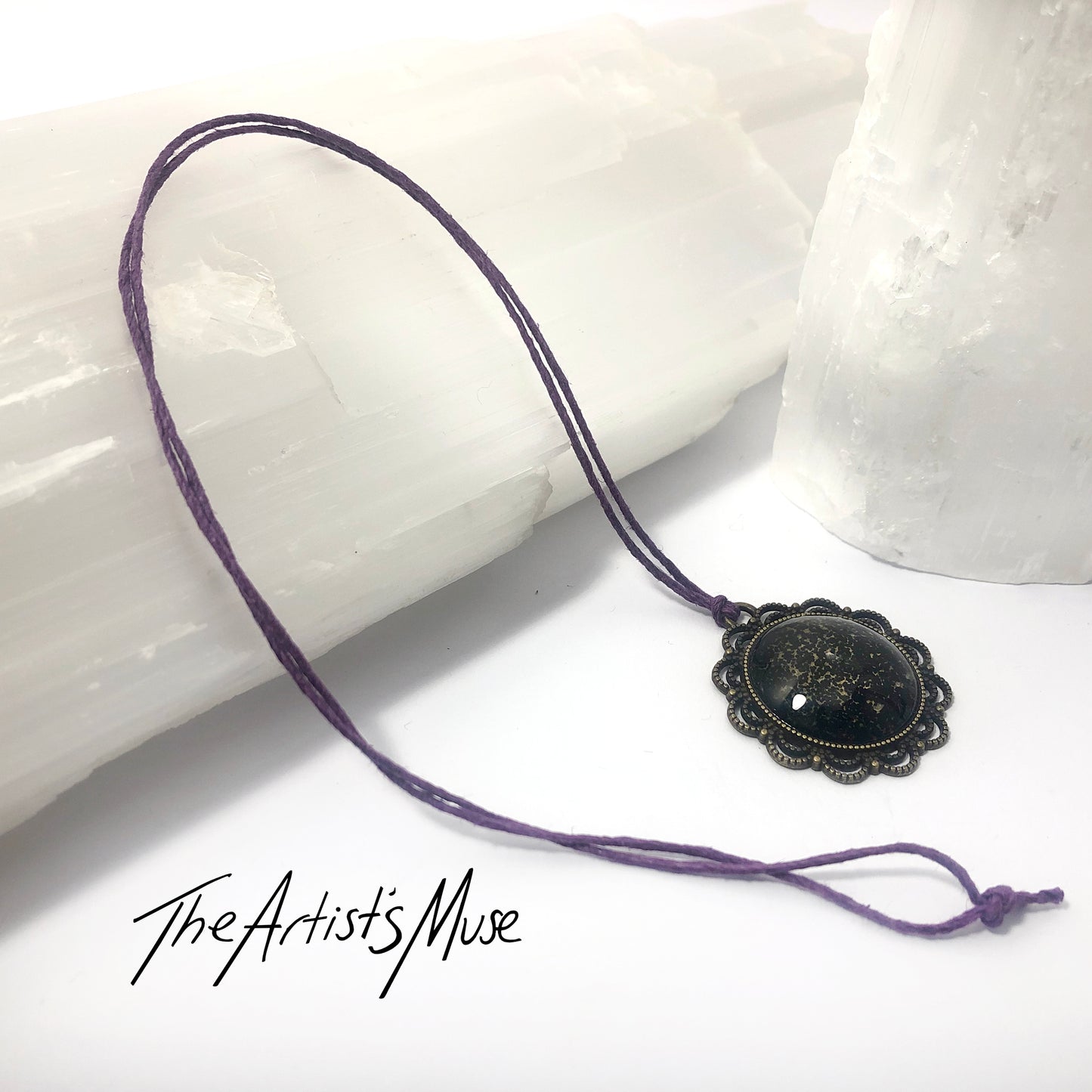 Pendant Necklace- flat black glitter with glass resin dome
