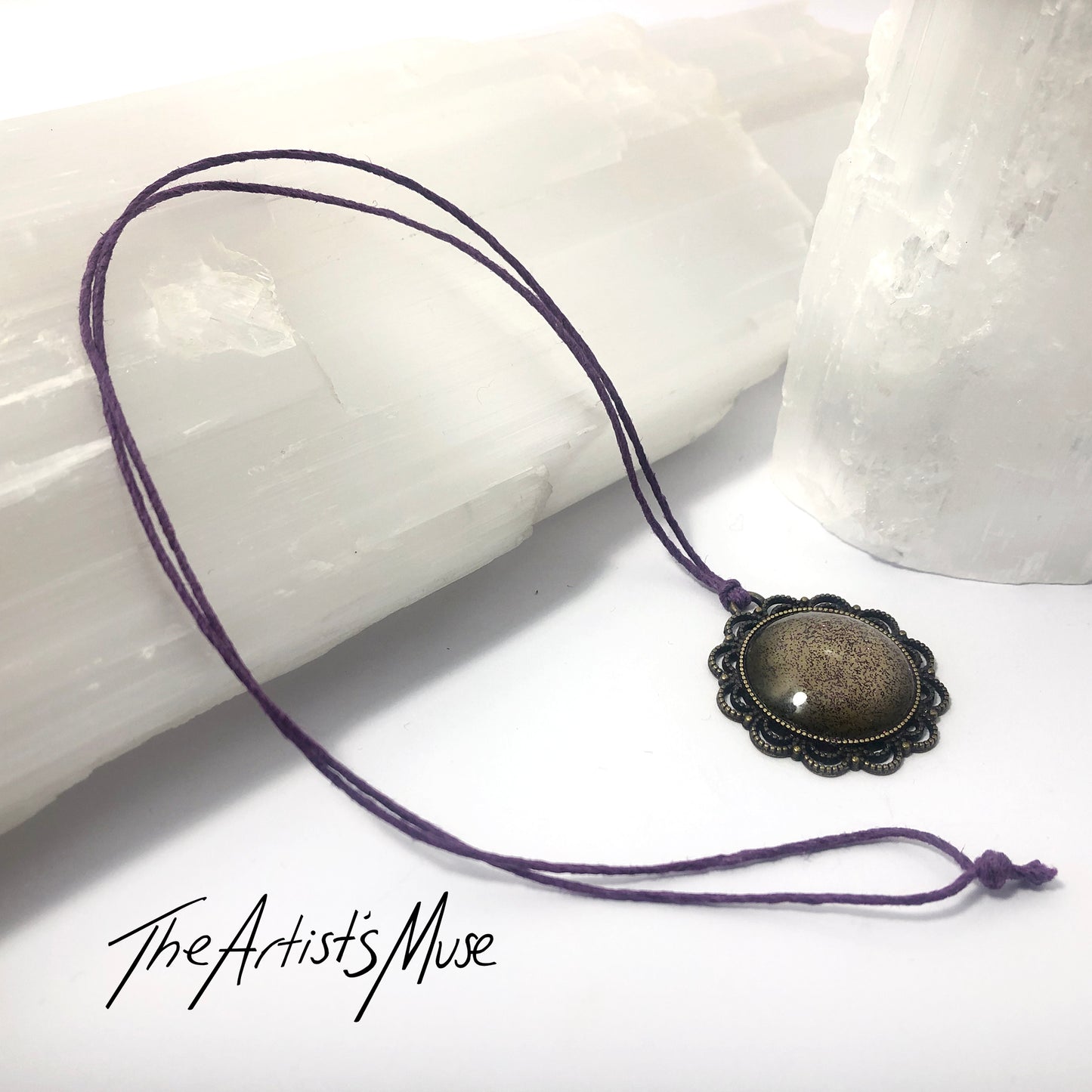 Pendant Necklace- antique gold background with dark purple glitter resin with glass dome finish