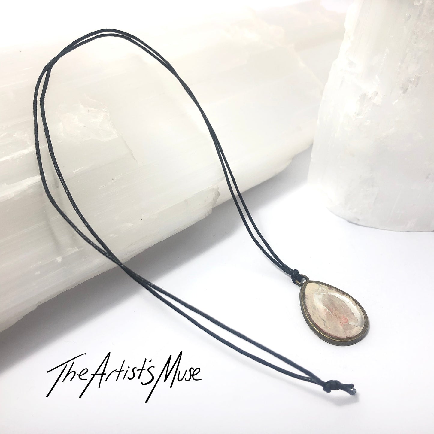 Resin Pendant Necklace- Warm white, pink and silver resin teardrop design