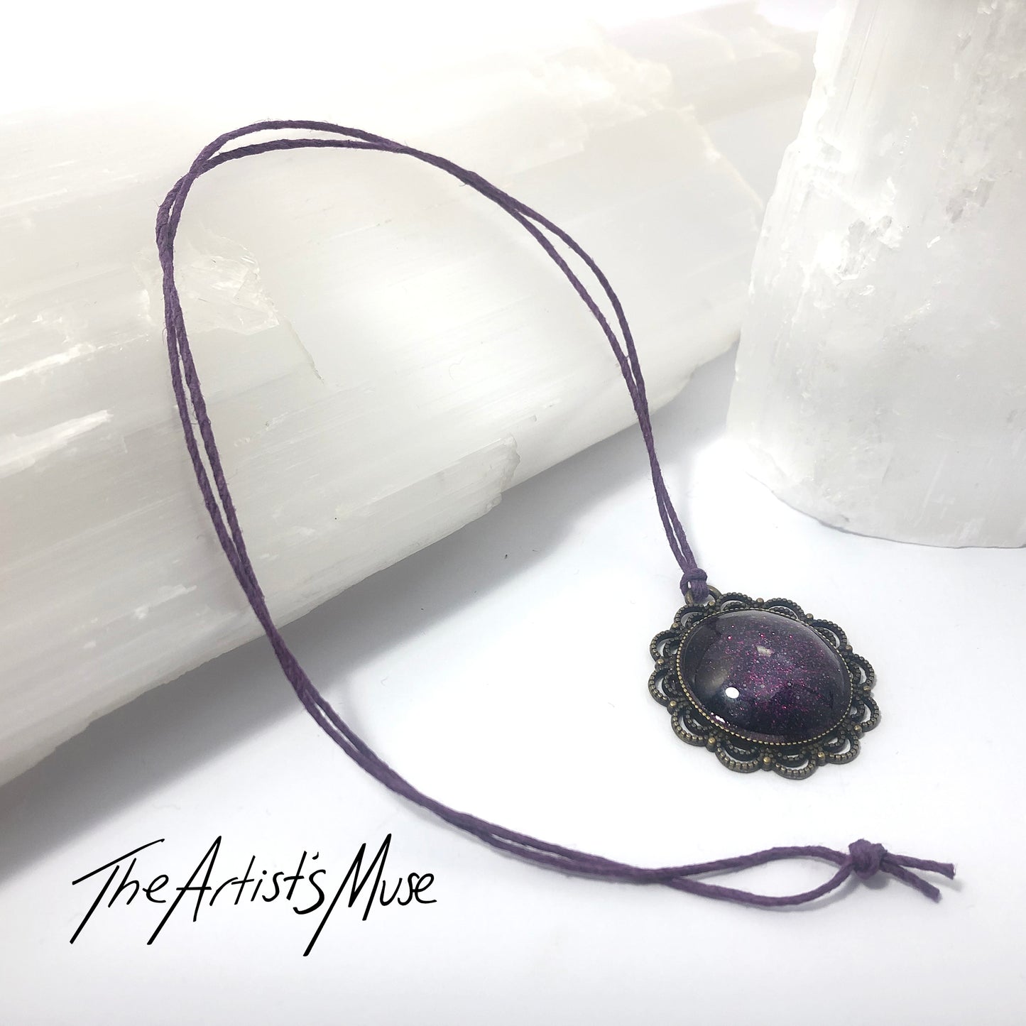 Pendant Necklace- Deep purple glitter with glass dome finish