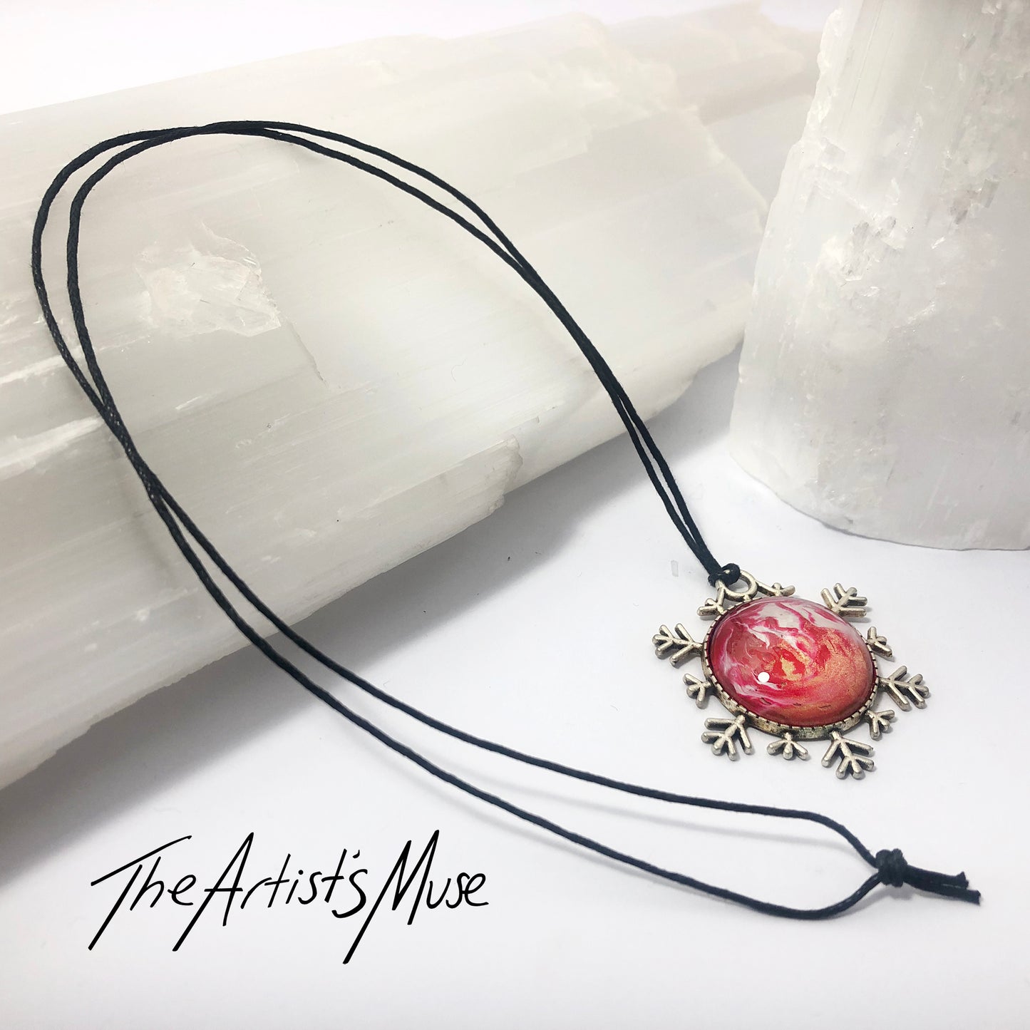Snowflake Pendant Necklace- Gorgeous red and gold custom design with glass dome finish