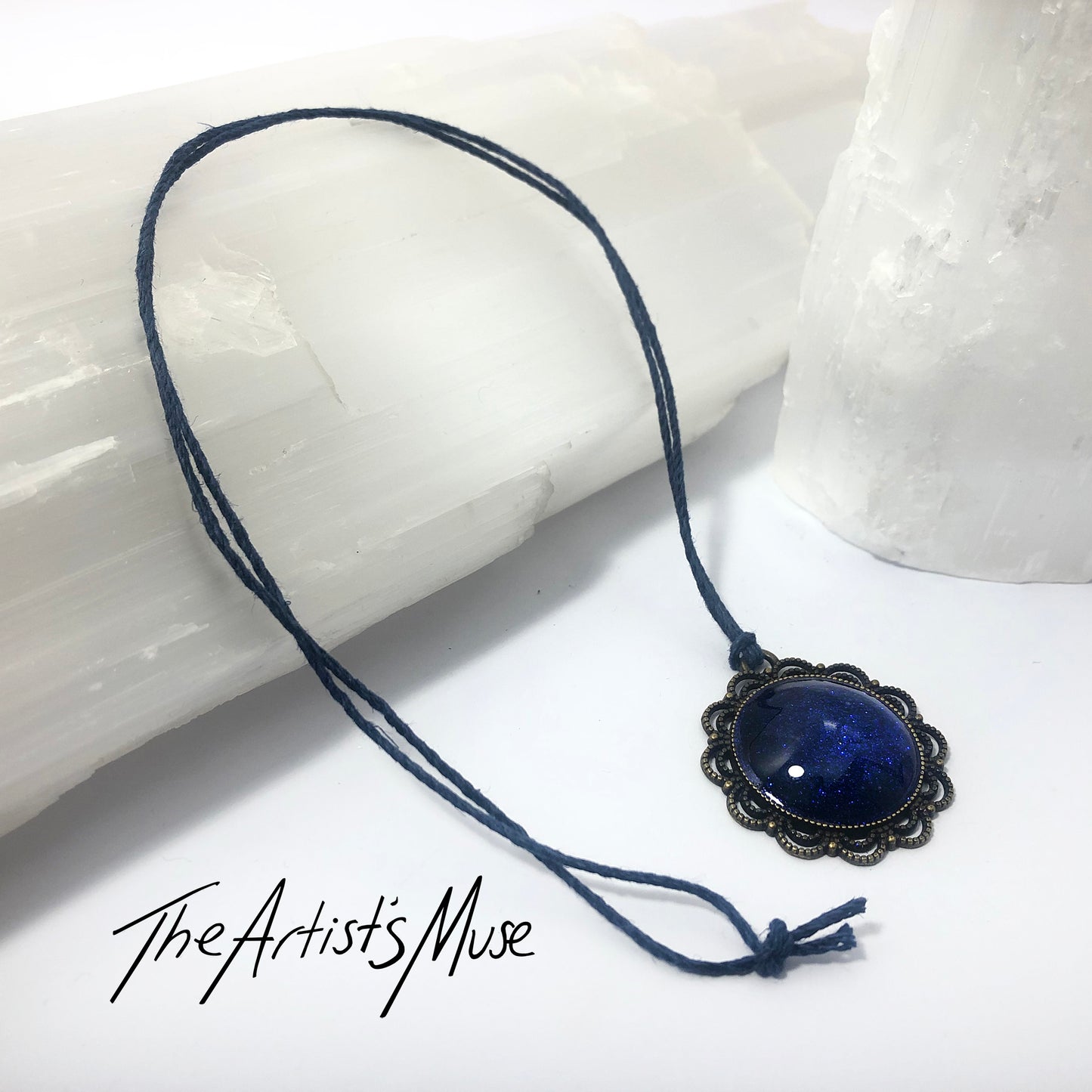 Pendant Necklace- Deep blue glitter resin with glass dome finish