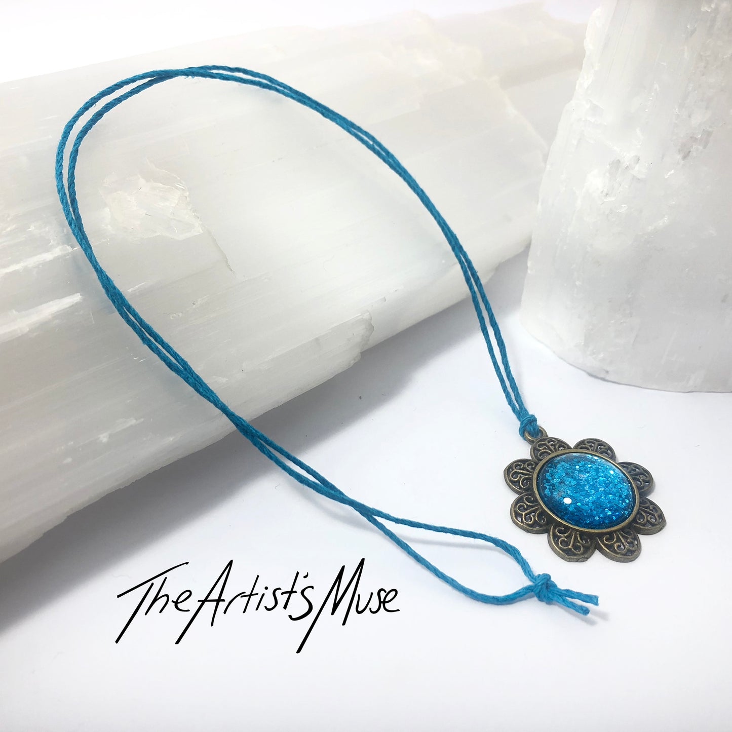 Pendant Necklace- Bright turquoise glitter resin with glass dome finish