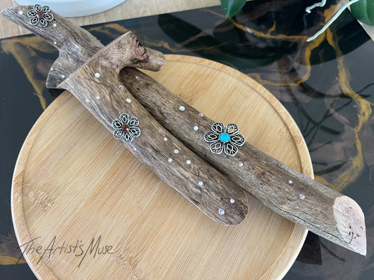 Natural timber Incense Holder with flowers and diamantés