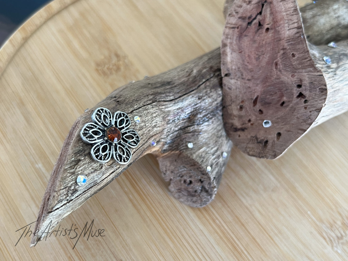Natural timber Incense Holder with flowers and diamantés