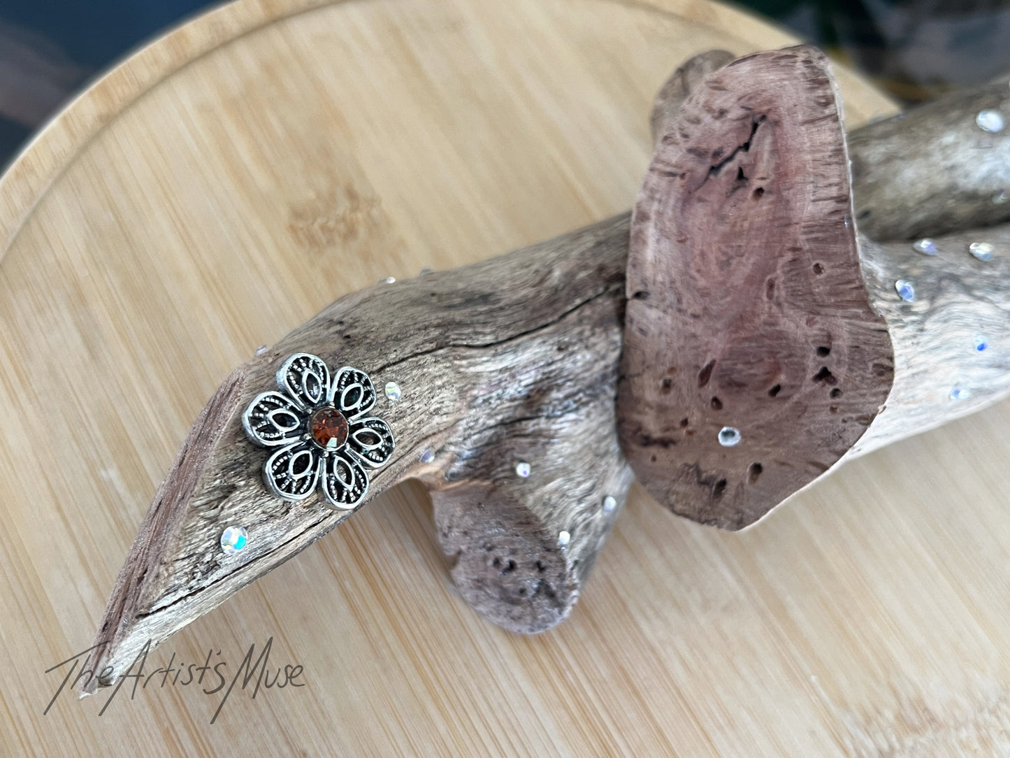 Natural timber Incense Holder with flowers and diamantés