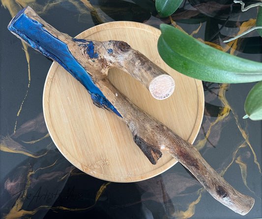 Natural timber Incense Holder with shimmery blue resin