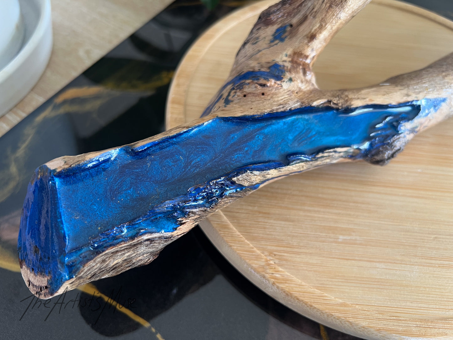 Natural timber Incense Holder with shimmery blue resin