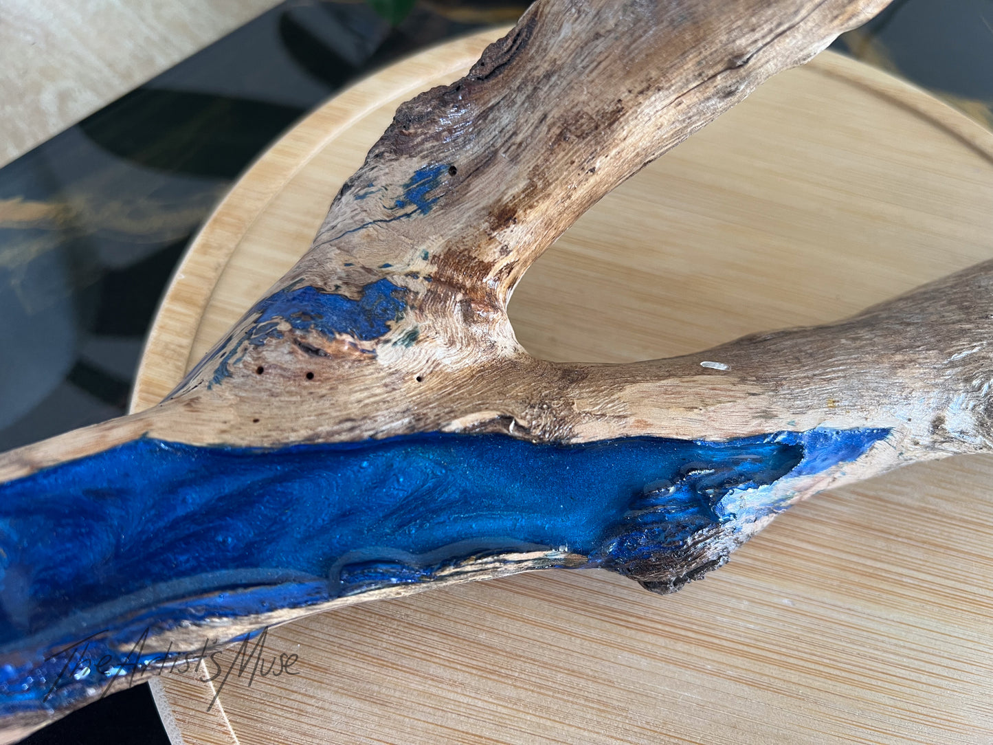 Natural timber Incense Holder with shimmery blue resin