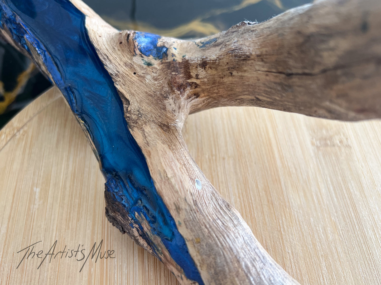 Natural timber Incense Holder with shimmery blue resin
