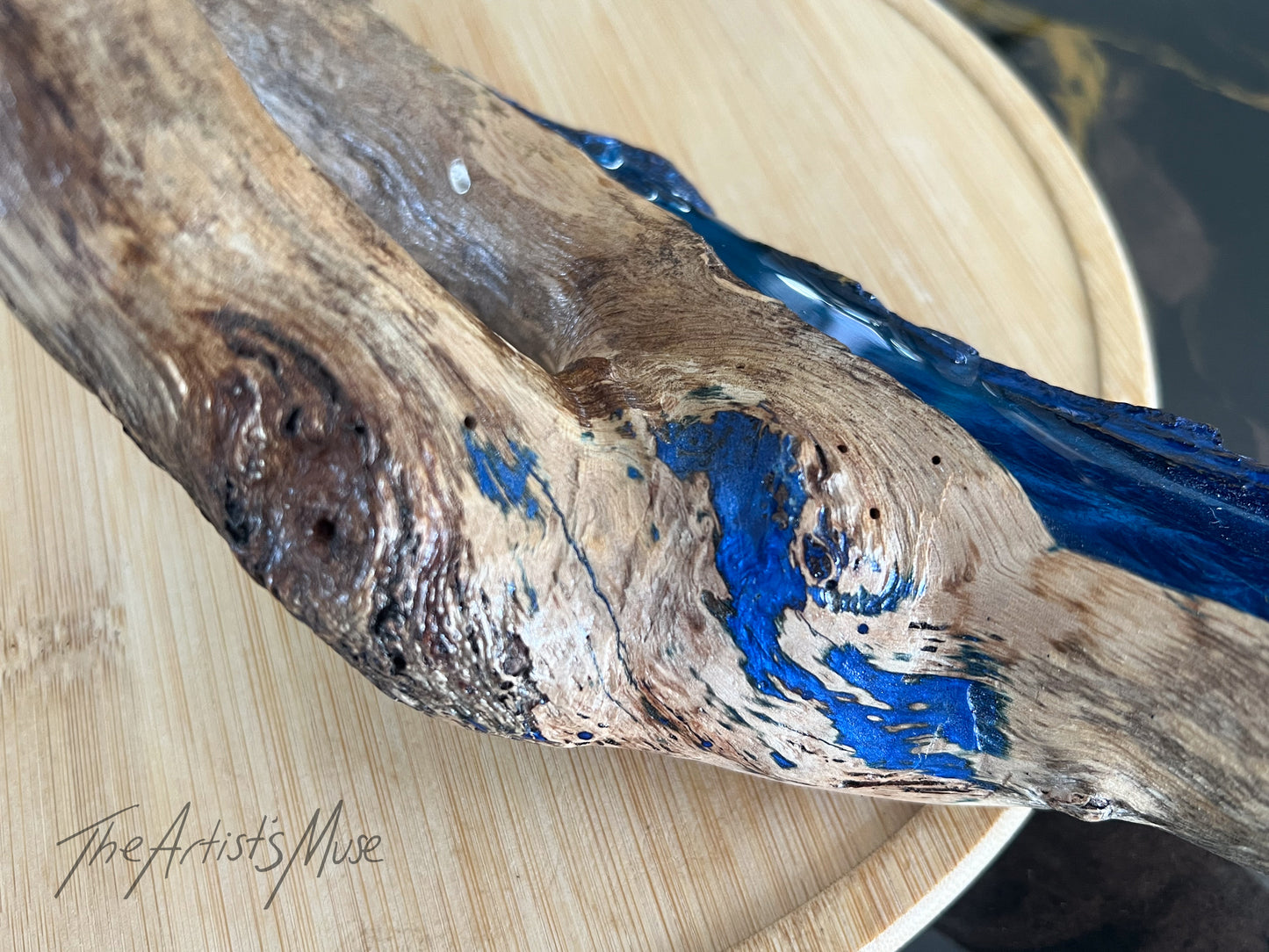 Natural timber Incense Holder with shimmery blue resin
