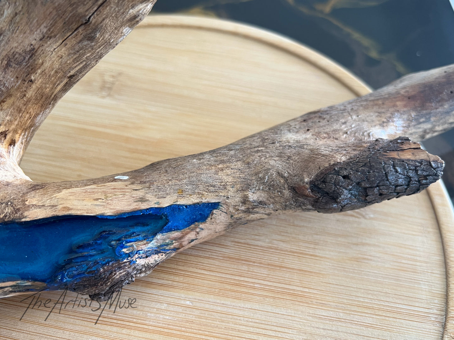 Natural timber Incense Holder with shimmery blue resin
