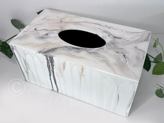 Tissue Box Cover- White with black, grey and soft gold marble