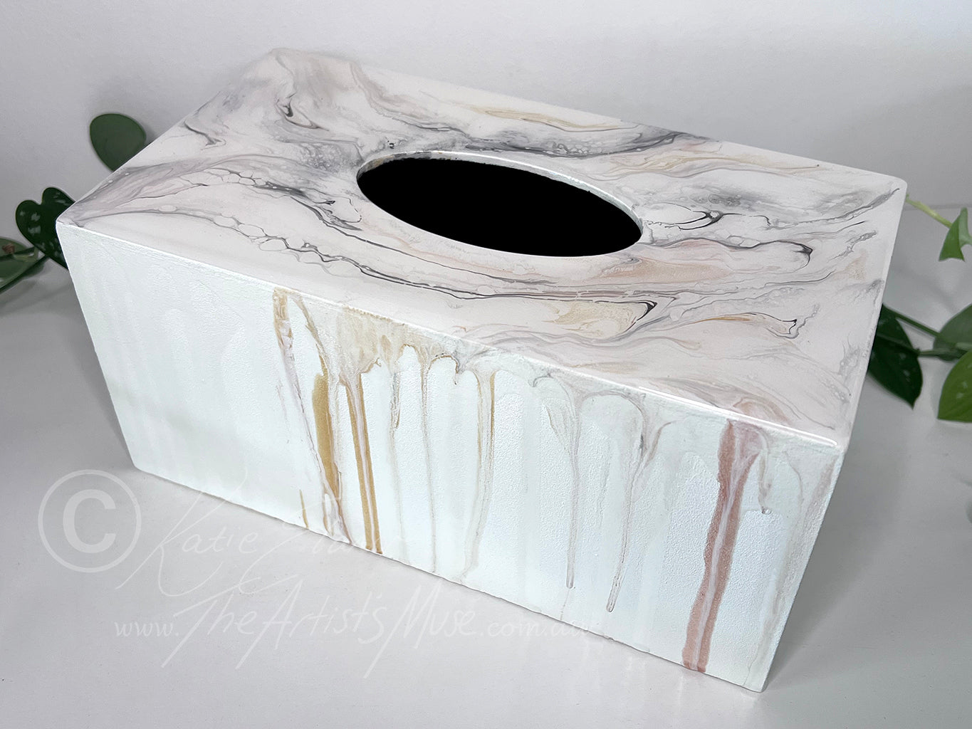 Tissue Box Cover- White with black, grey and soft gold marble