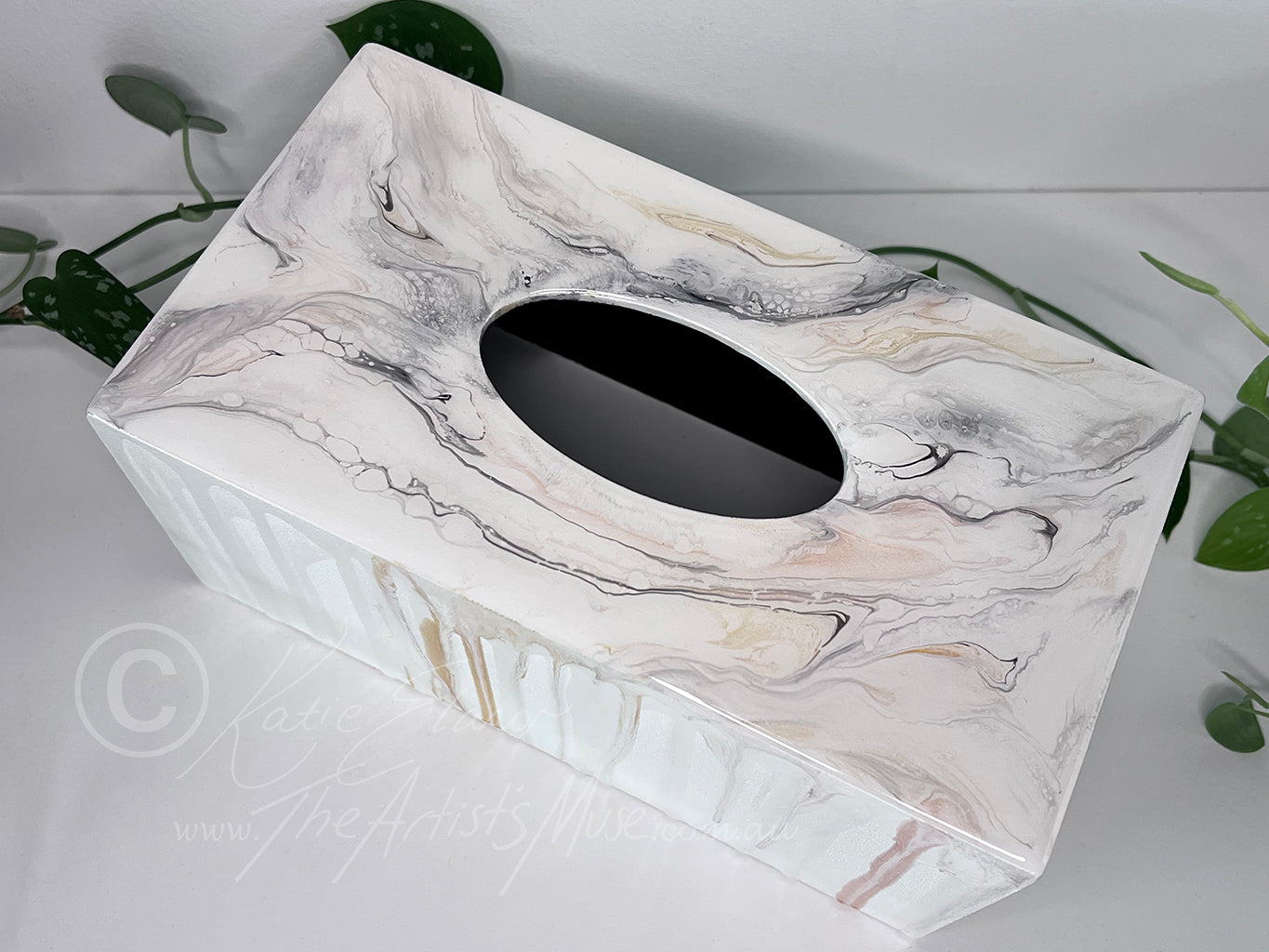 Tissue Box Cover- White with black, grey and soft gold marble