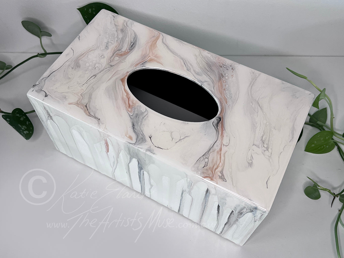 Tissue Box Cover- White with black, grey and rose gold marble