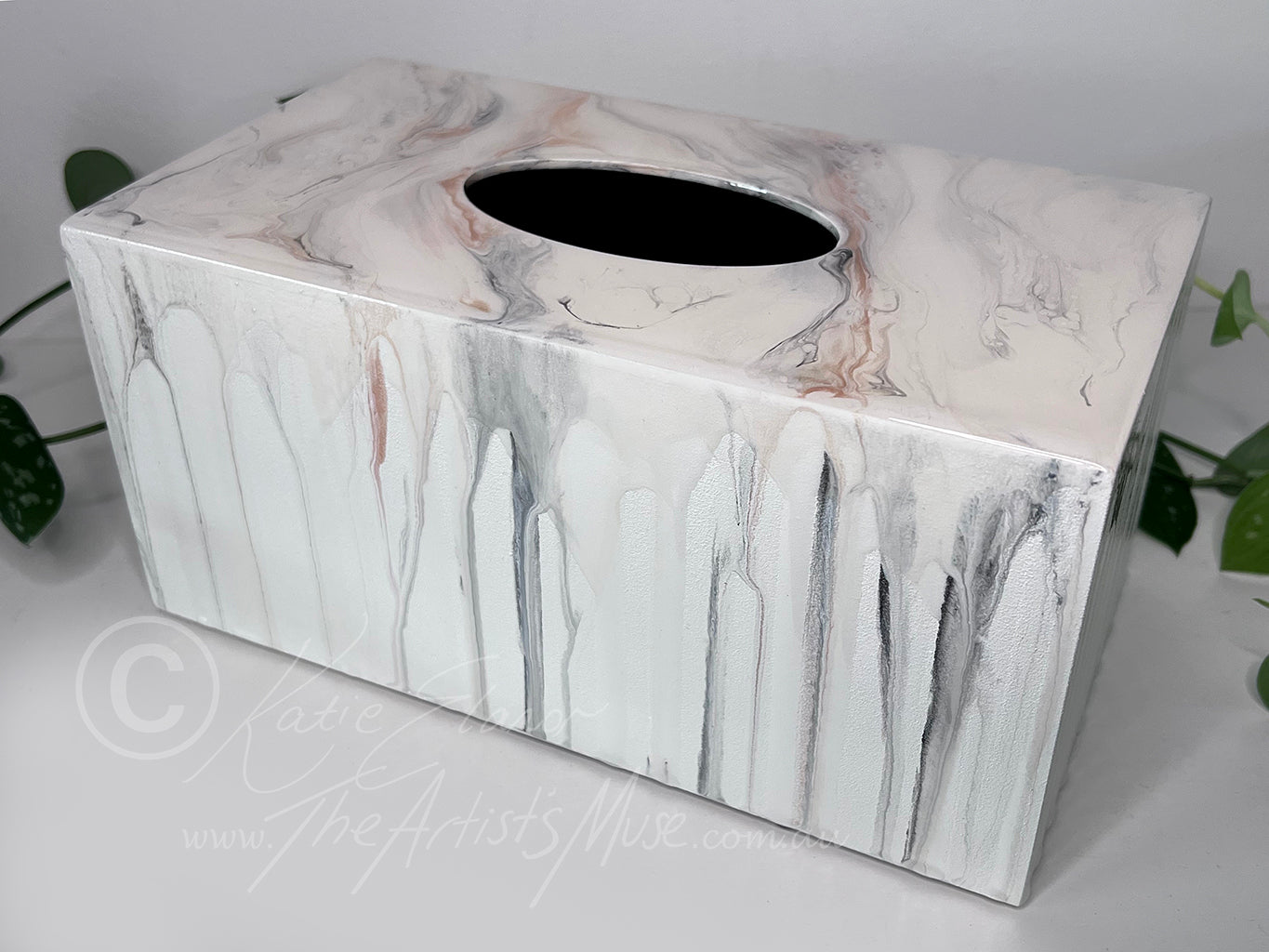 Tissue Box Cover- White with black, grey and rose gold marble