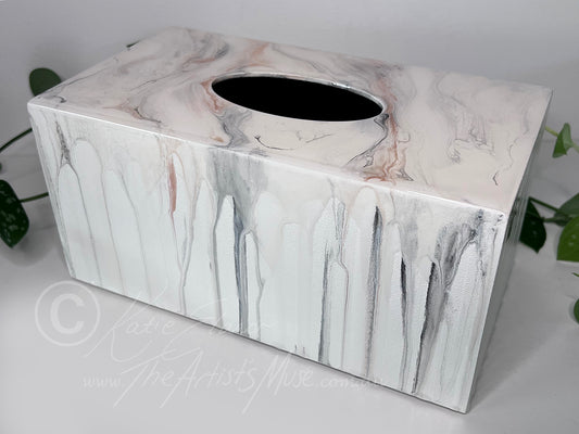 Tissue Box Cover- White with black, grey and rose gold marble