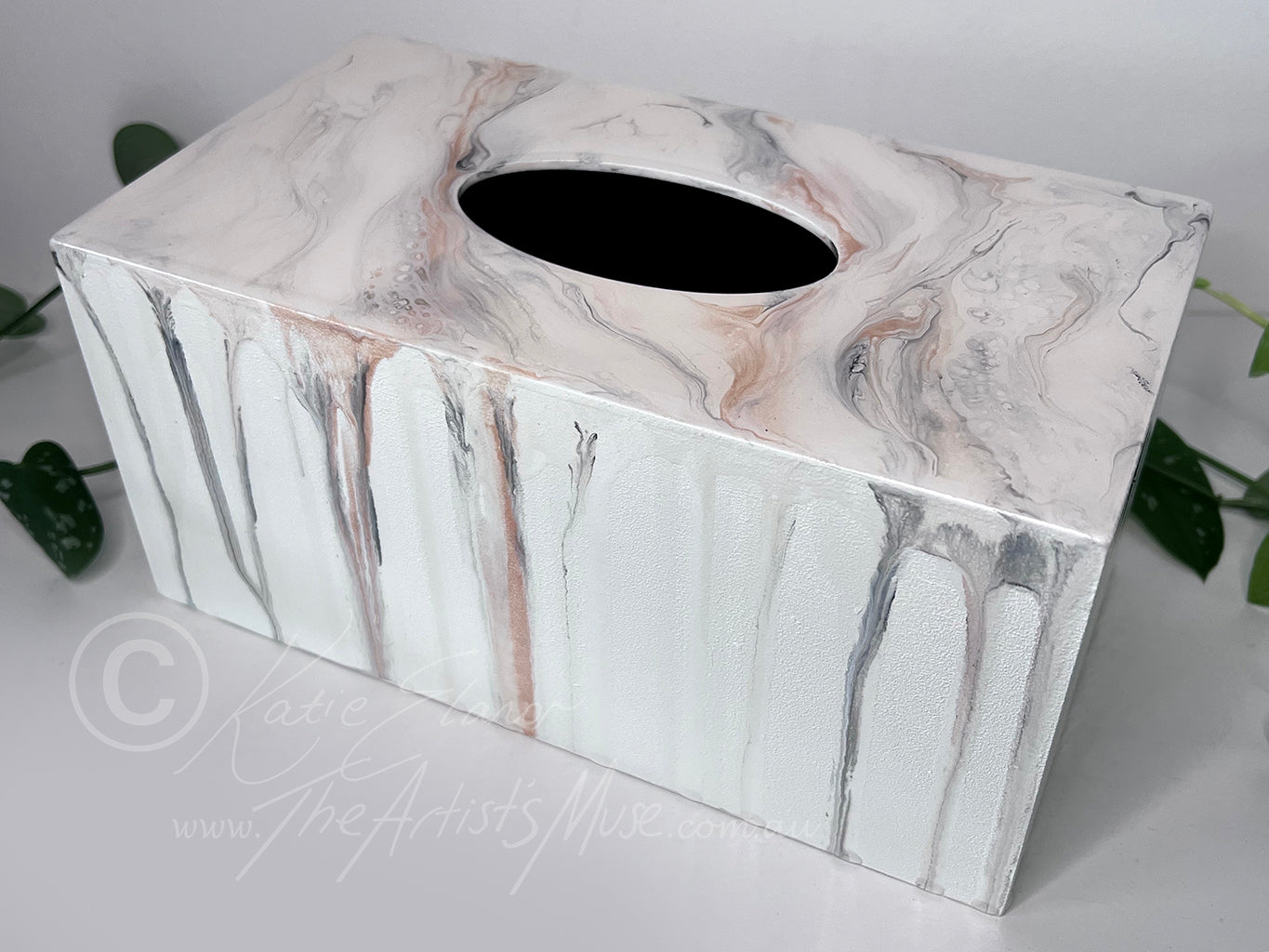 Tissue Box Cover- White with black, grey and rose gold marble
