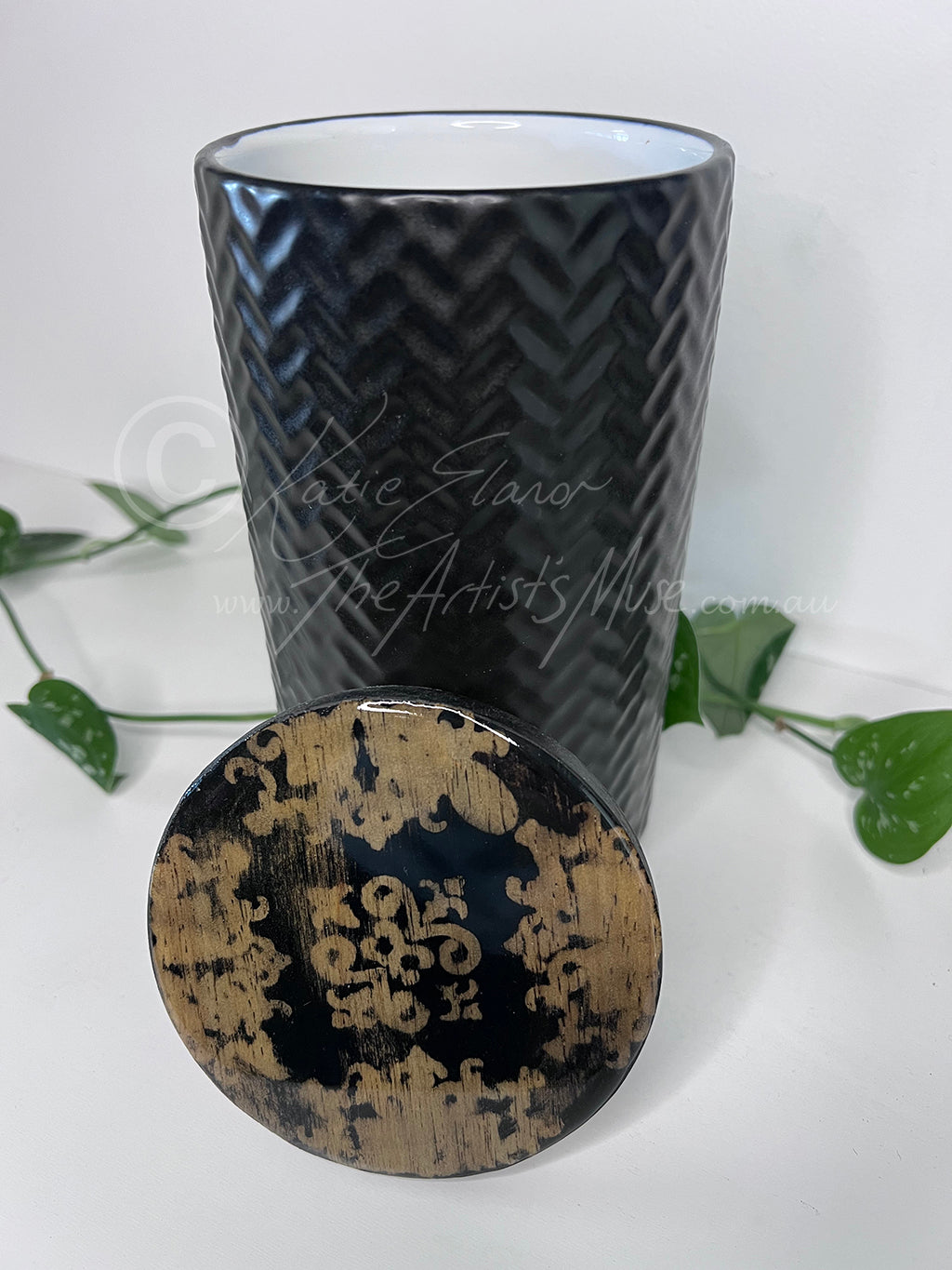 Tall Jar- Black Jar with Black and natural timber design lid