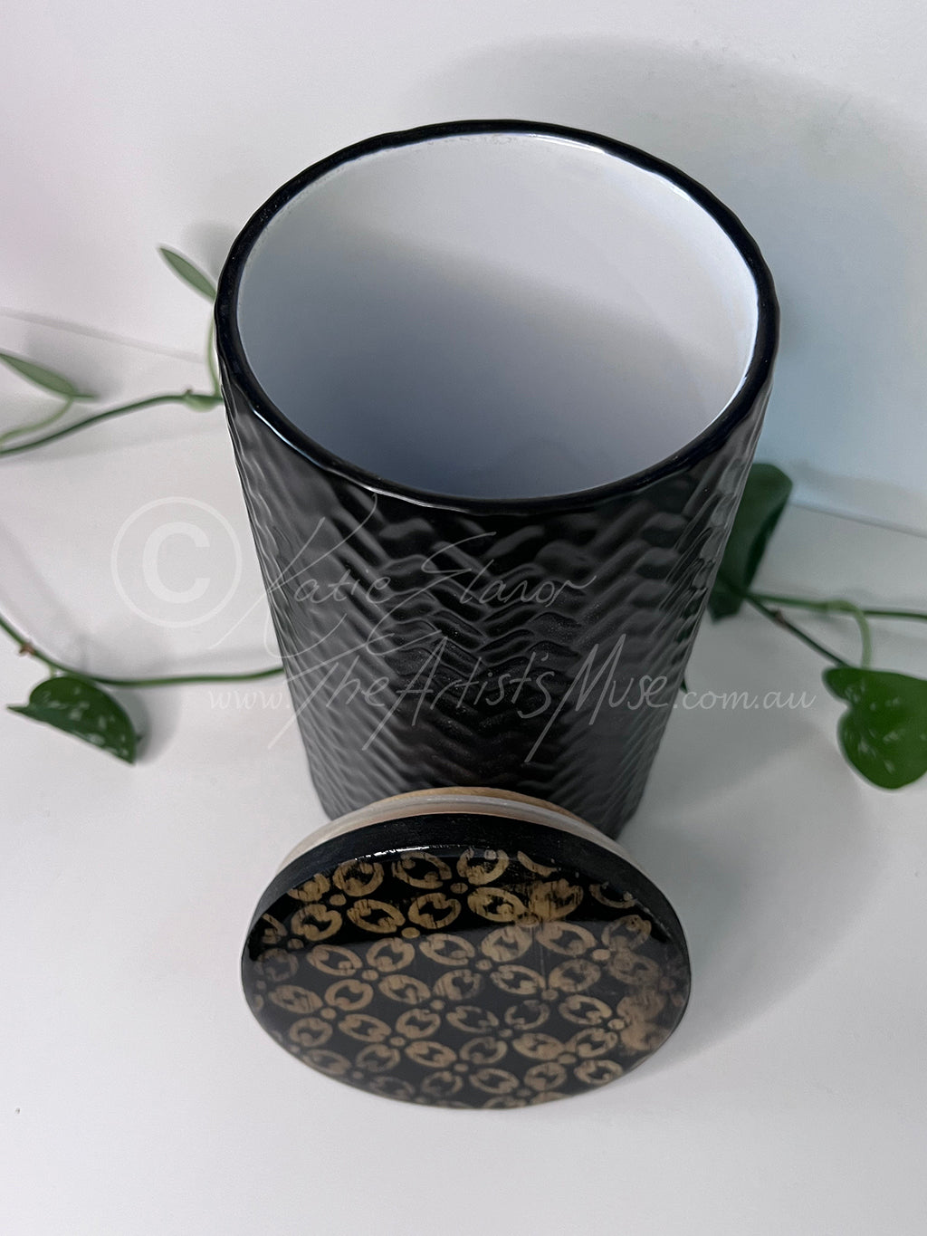 Tall Jar- Black Jar with Black and natural timber design lid