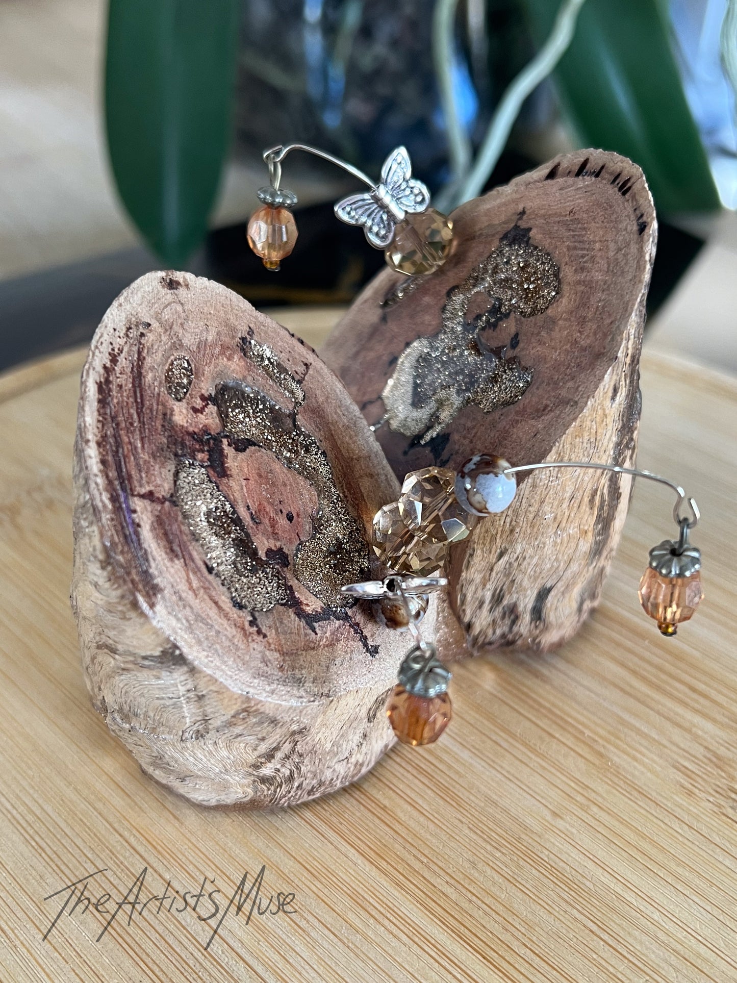 Timber Incense Holder with gold resin and hanging charms