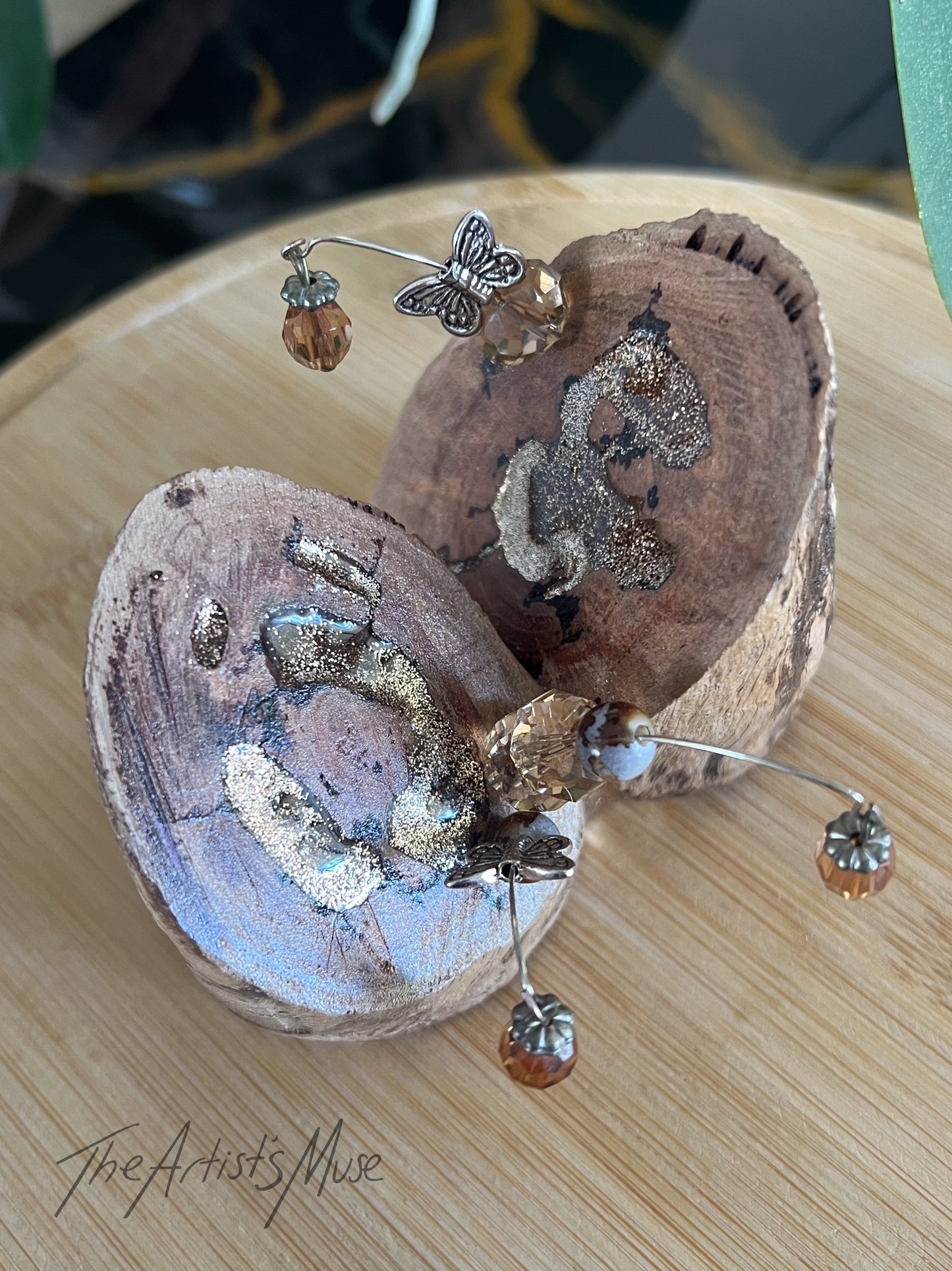 Timber Incense Holder with gold resin and hanging charms