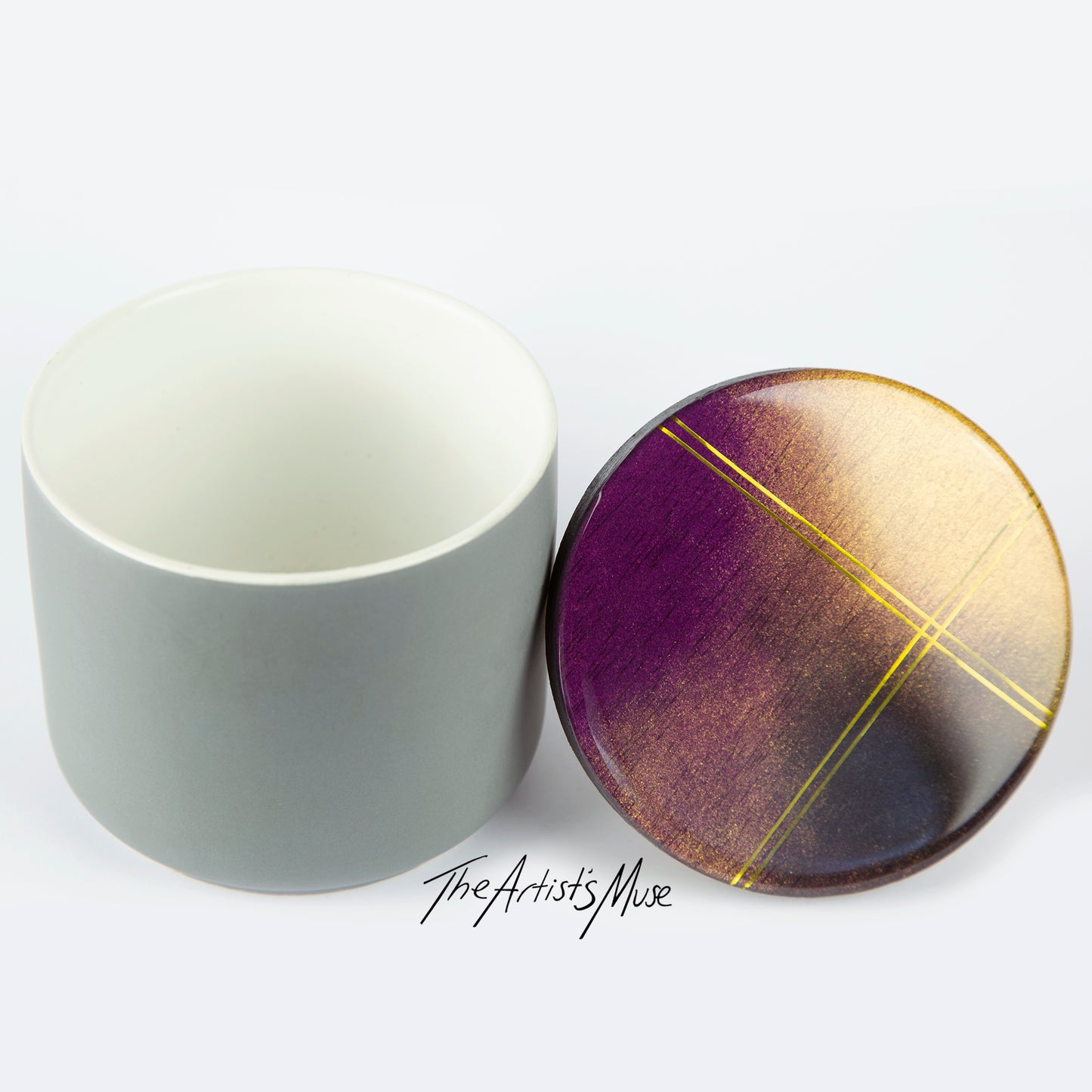 Small Jar- Grey Jar with charcoal, gold and plum lid