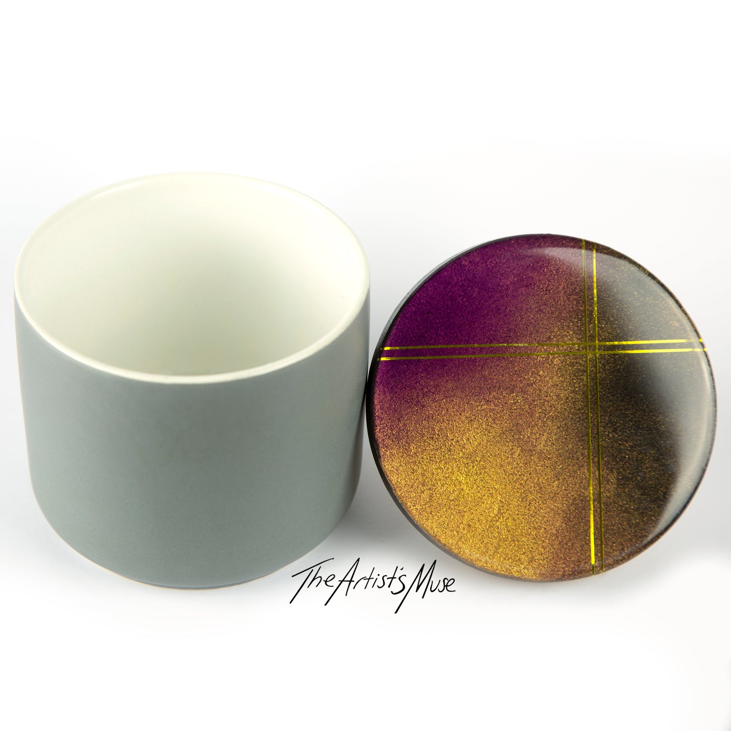 Small Jar- Grey Jar with charcoal, gold and plum lid