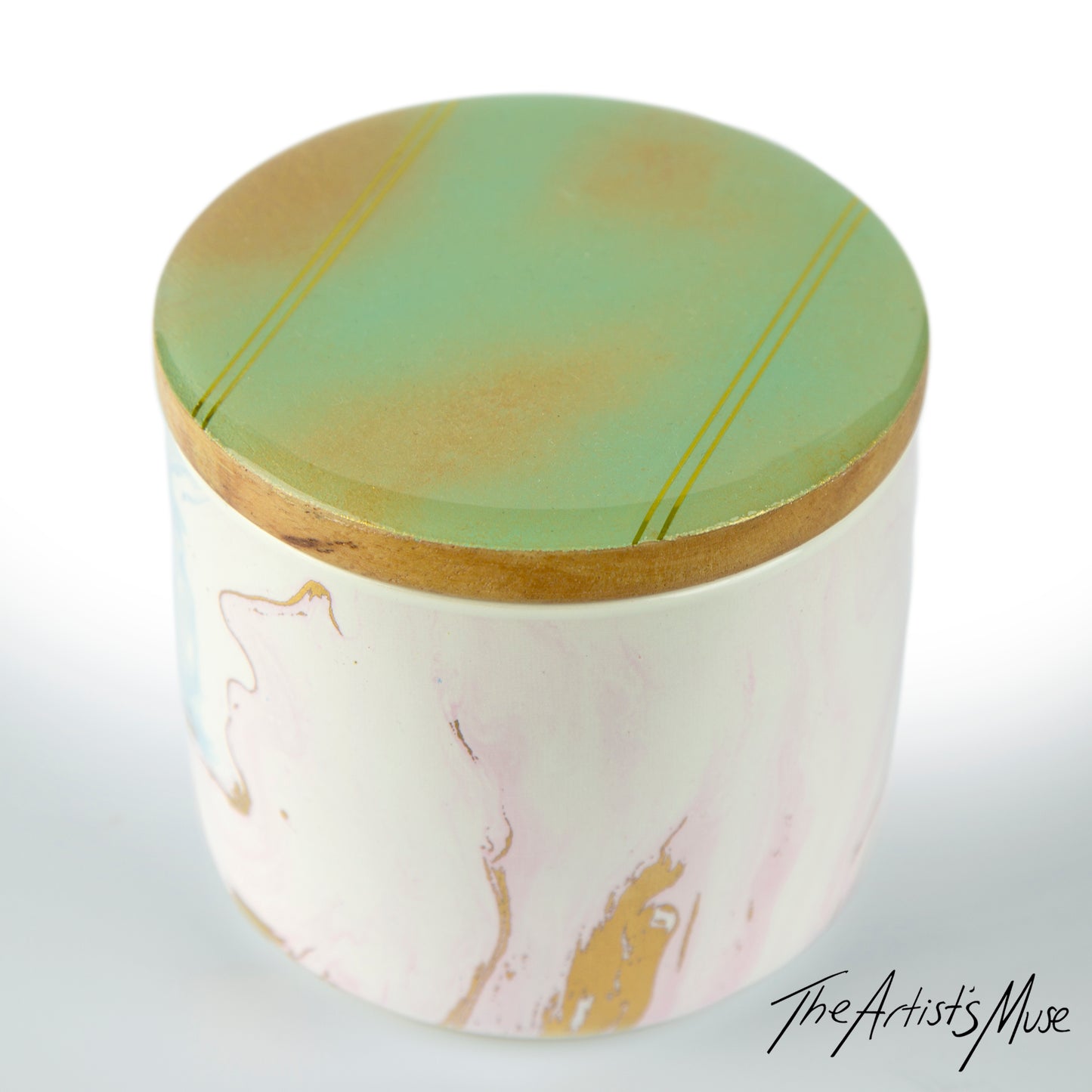 SOLD Small Jar- Pastel jar with Sage green/Gold lid
