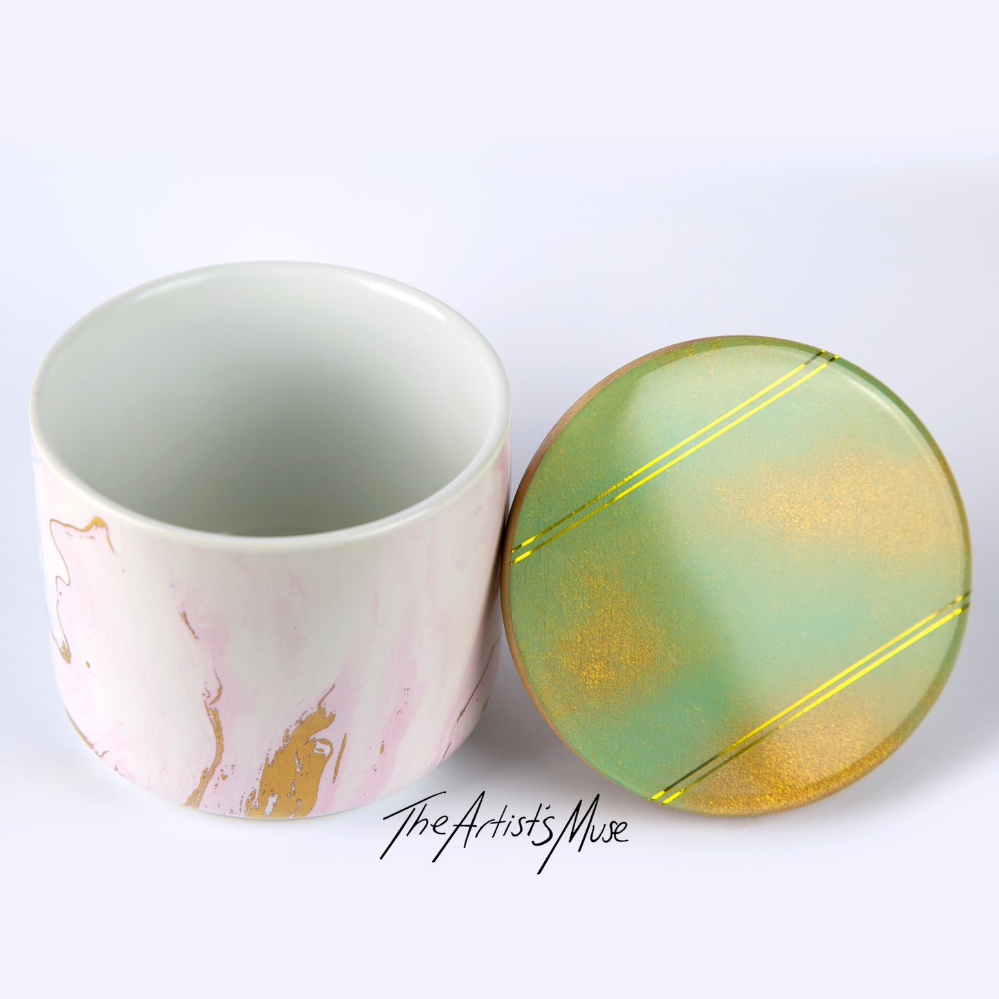 SOLD Small Jar- Pastel jar with Sage green/Gold lid