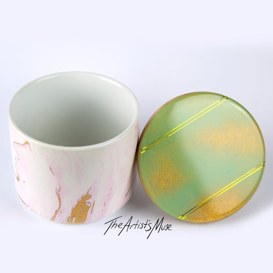SOLD Small Jar- Pastel jar with Sage green/Gold lid