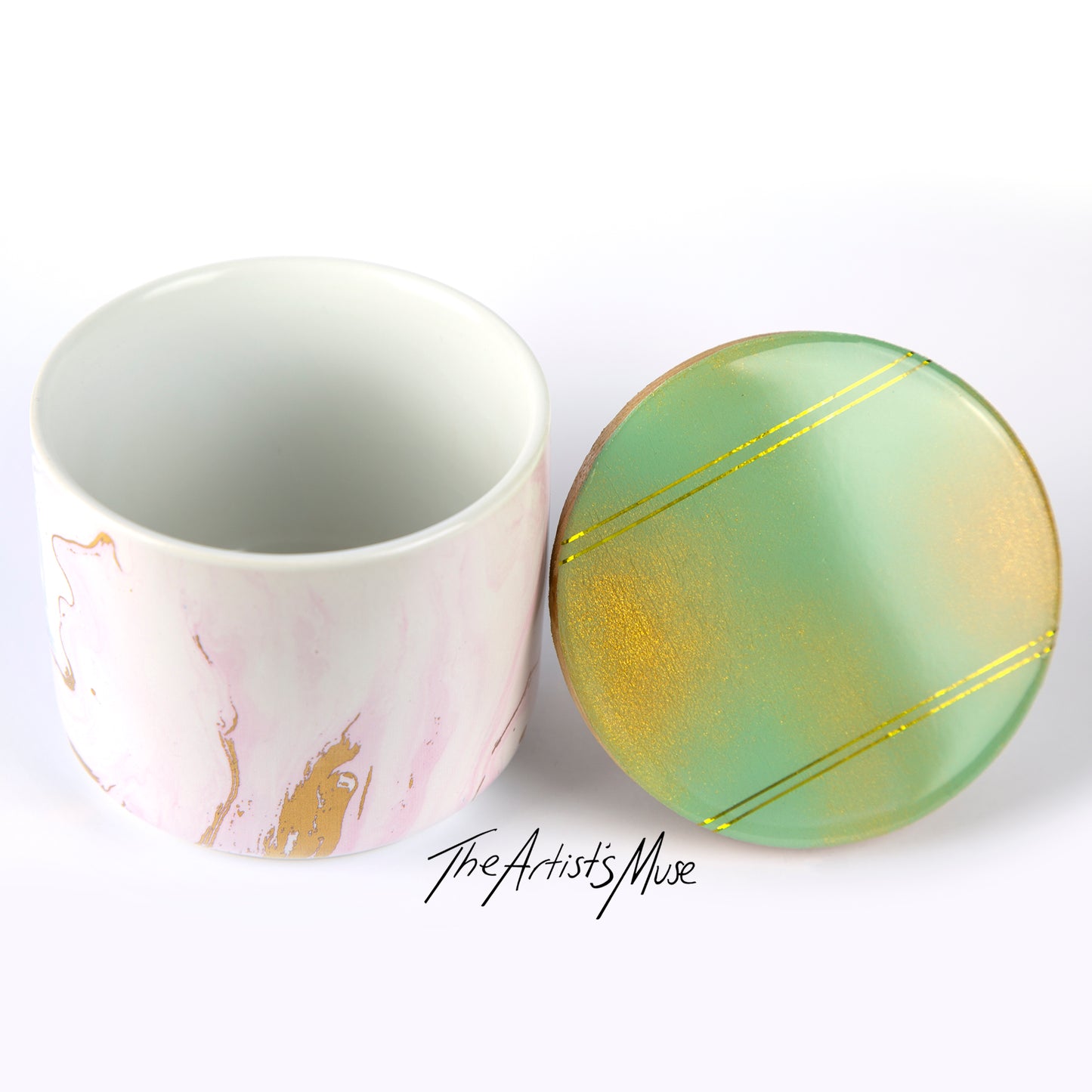 Small Jar- Pastel jar with Sage green/Gold lid