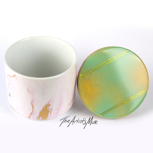Small Jar- Pastel jar with Sage green/Gold lid