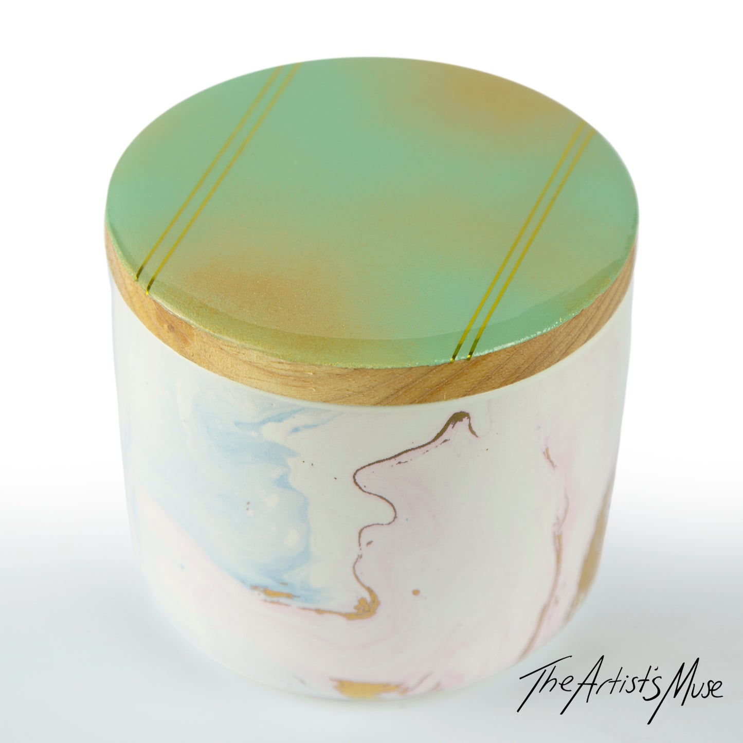 Small Jar- Pastel jar with Sage green/Gold lid