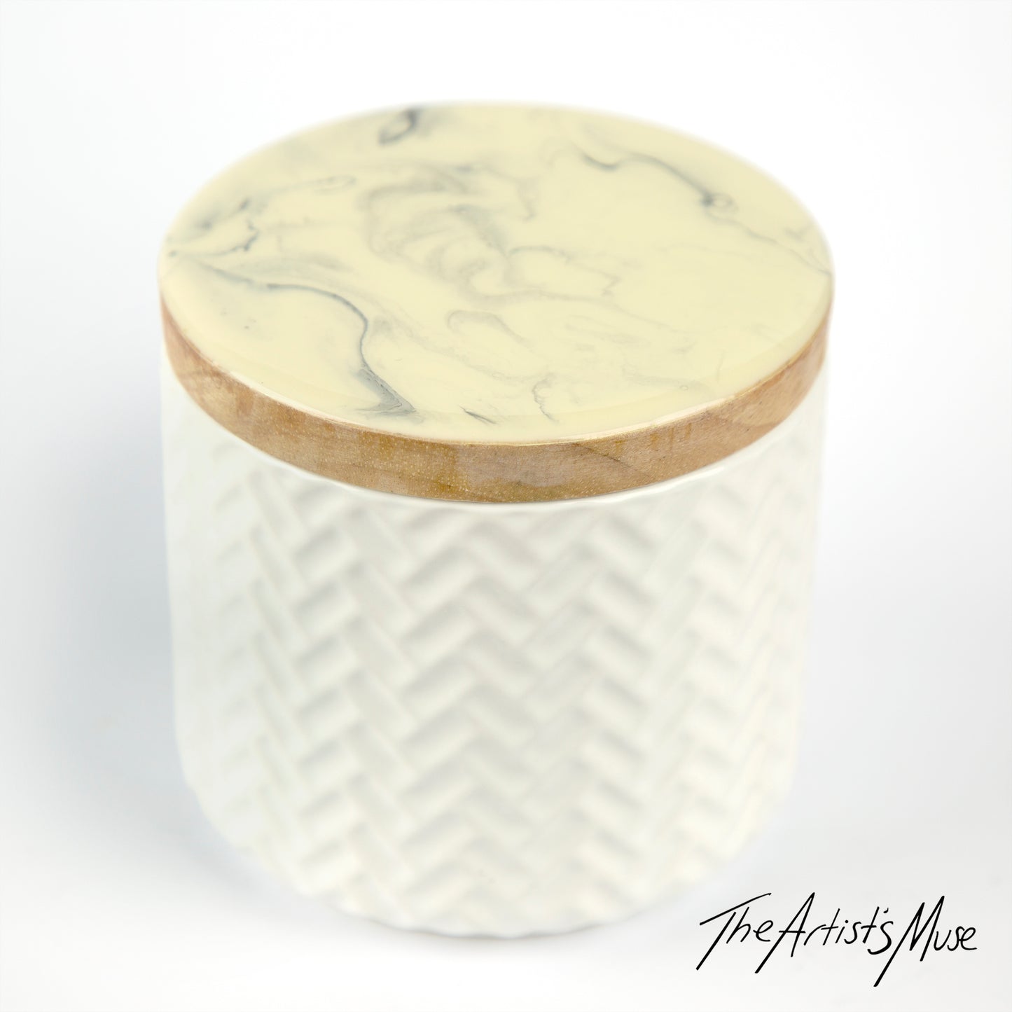 Jar- White Jar with Grey and off white/Cream lid