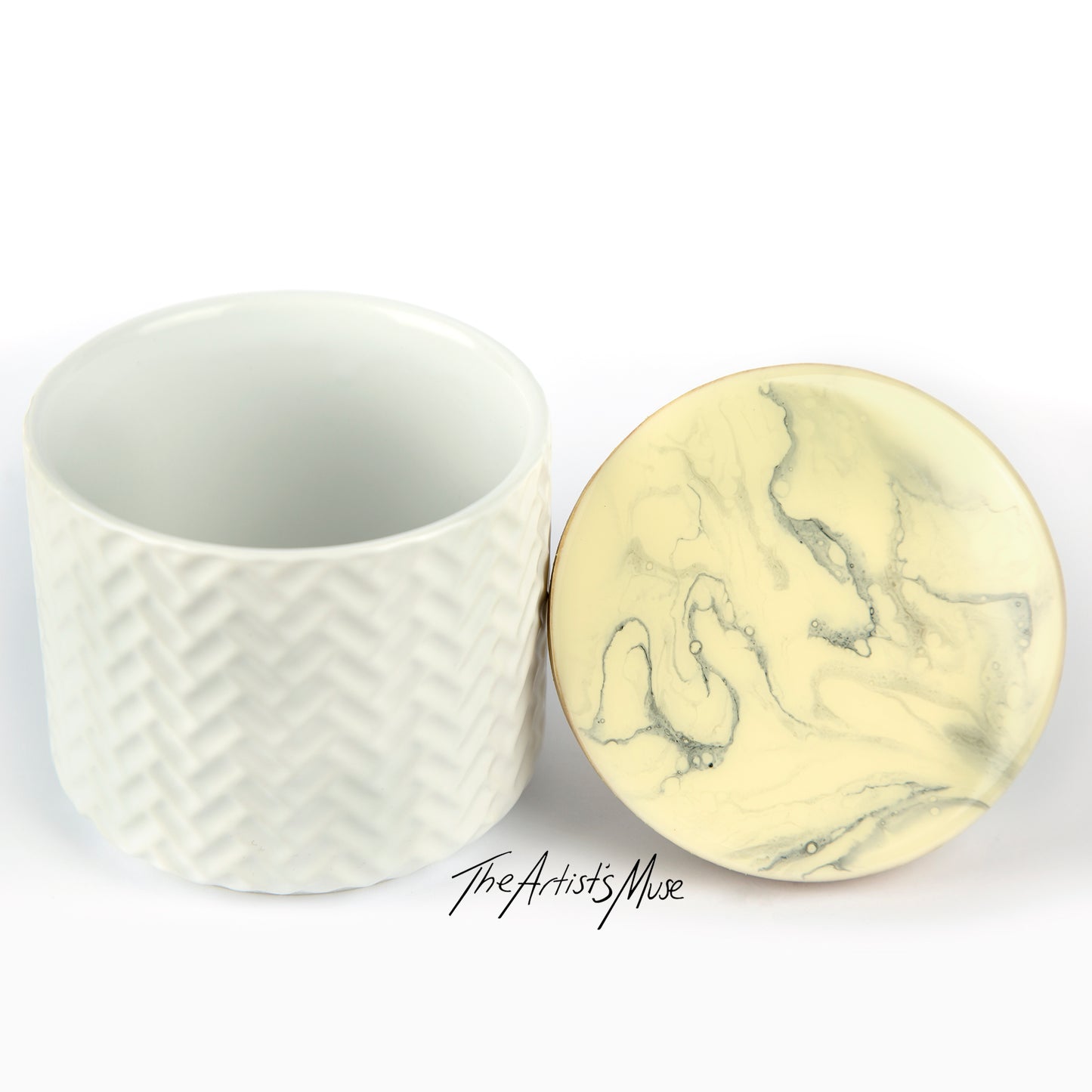 Jar- White Jar with Grey and off white/Cream lid