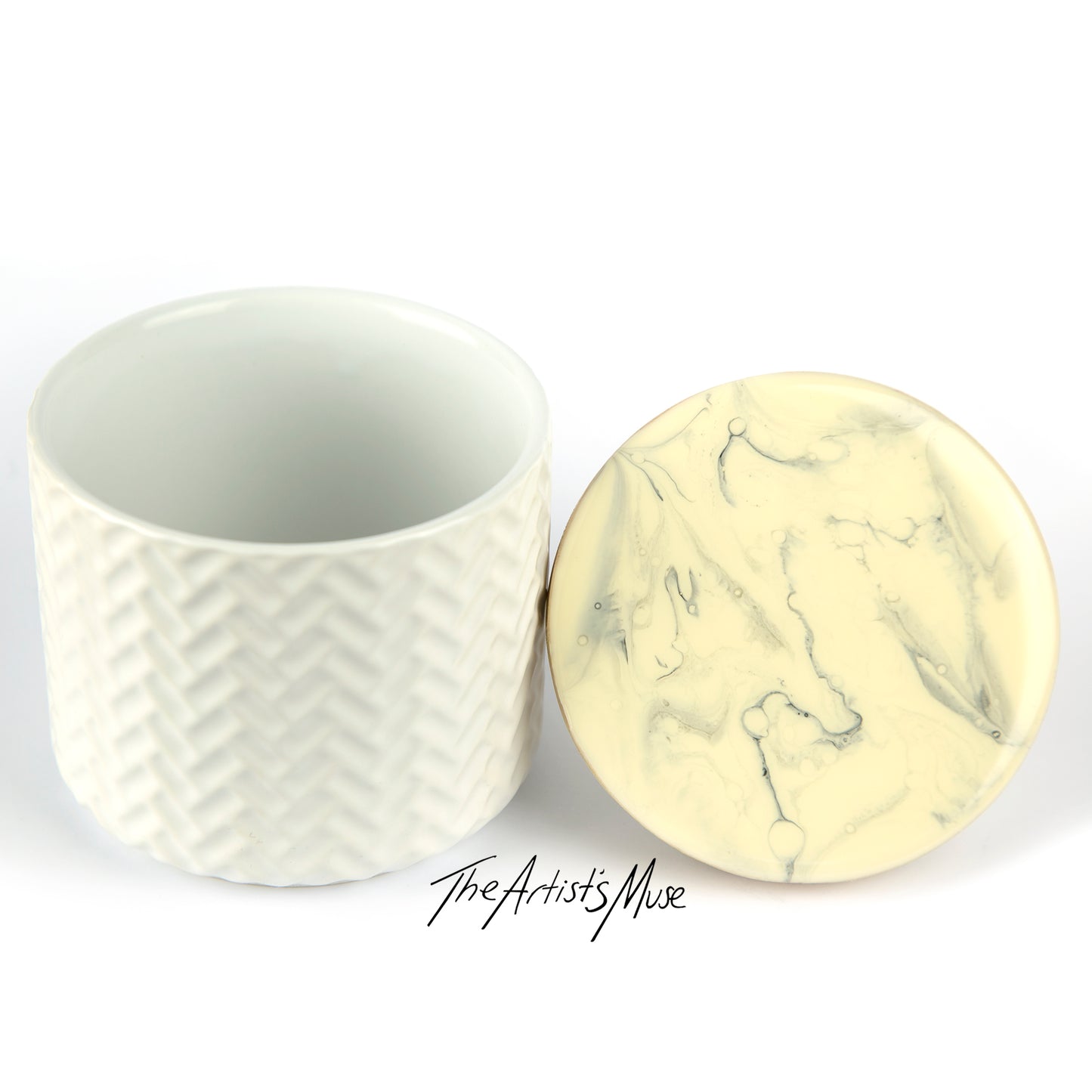 Jar- White Jar with Grey and off white/Cream lid