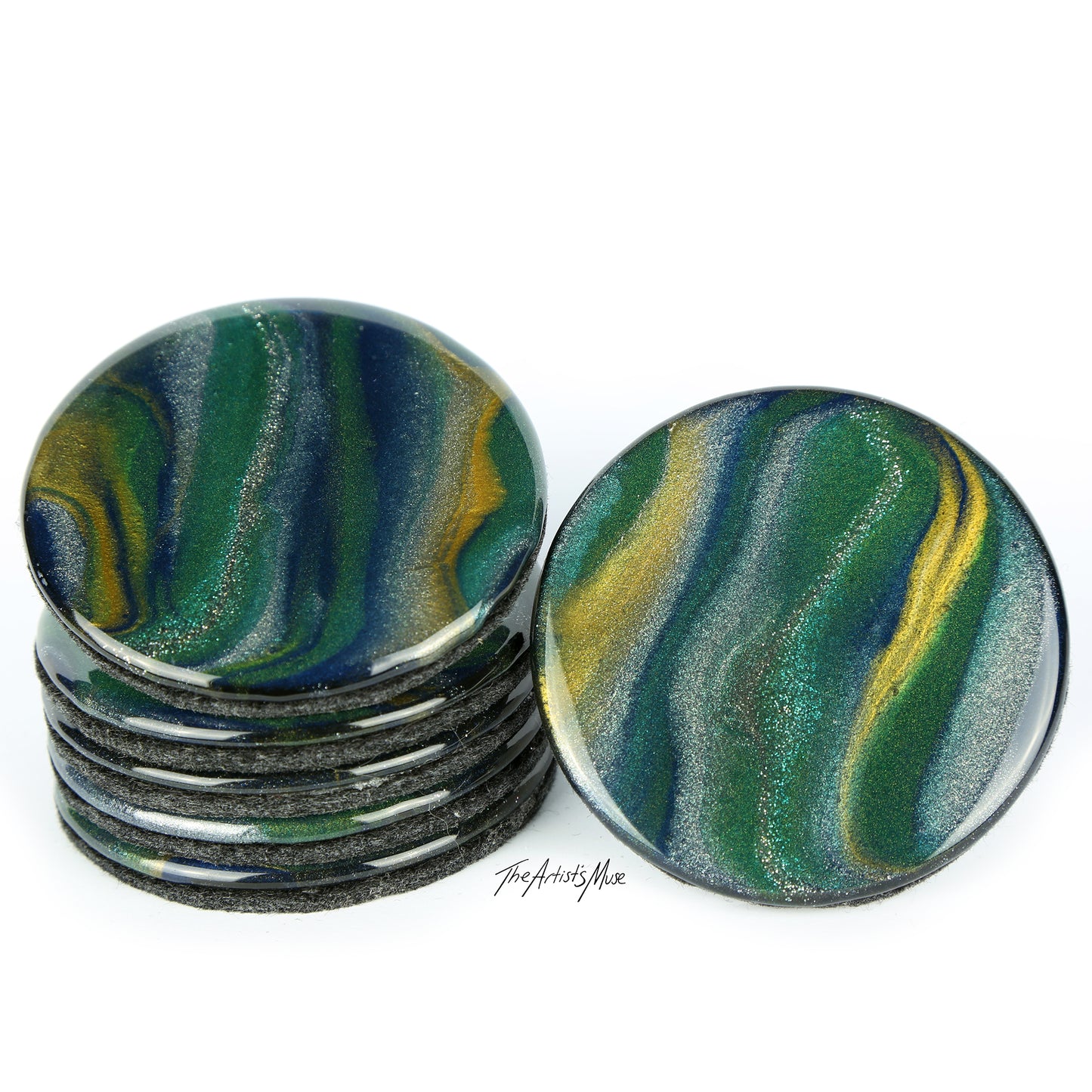 Resin Coaster set of 6- Green/Blue/Gold