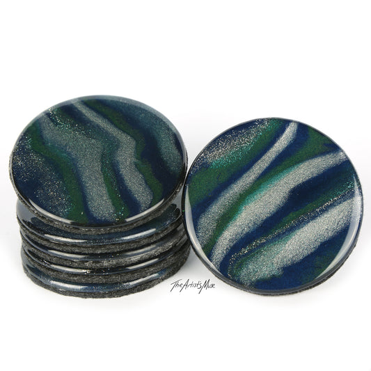 Resin Coaster set of 6- Blue/Silver/Green
